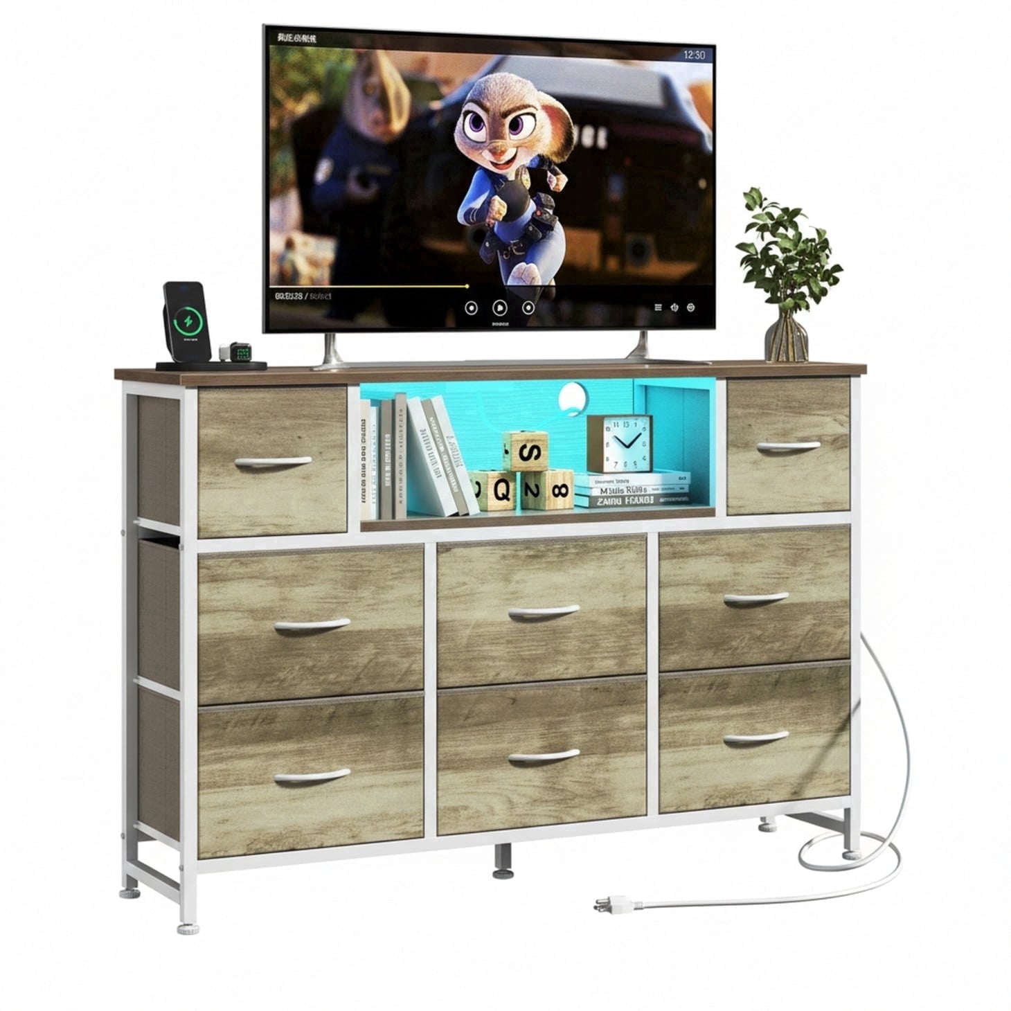 CONCETTA 55 inch TV Stand Dresser, 8 Fabric Drawers Storage Organizer for Bedroom Living Room, LED & Charging Station, Oak