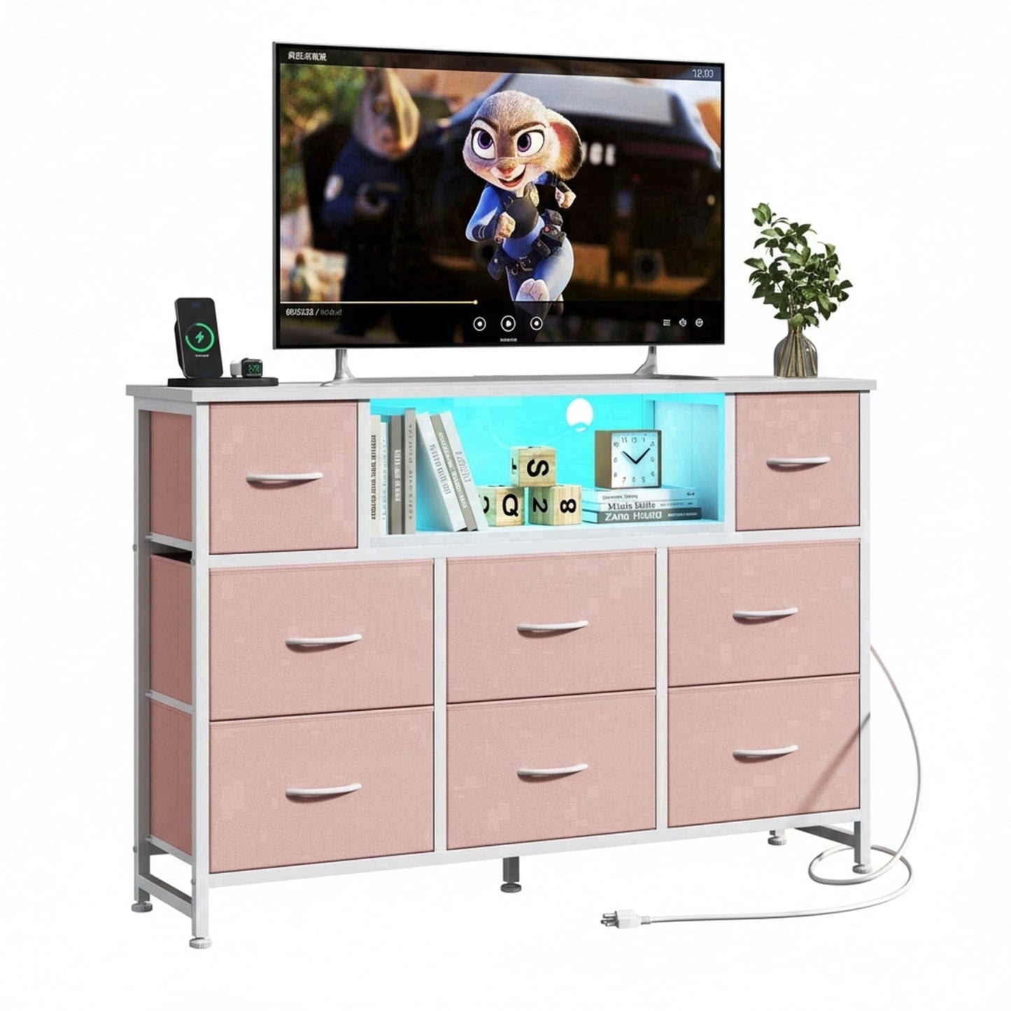 CONCETTA 47-inch TV Stand with RGB LED Lights & UL-Certified Charging Station for Families, 9 Fabric Drawers, Fits up to 55-inch TVs, Rust