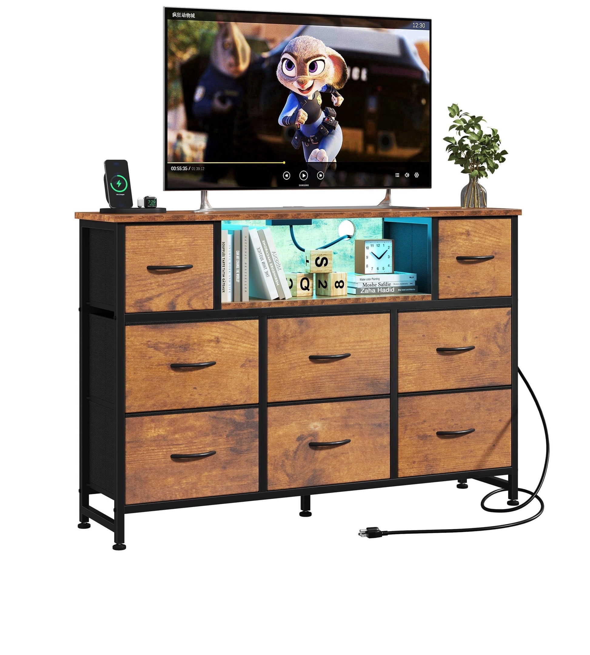 CONCETTA 55 inch TV Stand Dresser, 8 Fabric Drawers Storage Organizer for Bedroom Living Room, LED & Charging Station, Rust