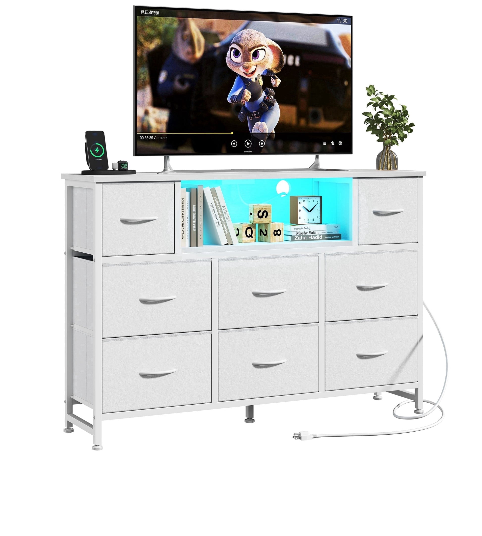 CONCETTA 55 inch TV Stand Dresser, 8 Fabric Drawers Storage Organizer for Bedroom Living Room, LED & Charging Station, White