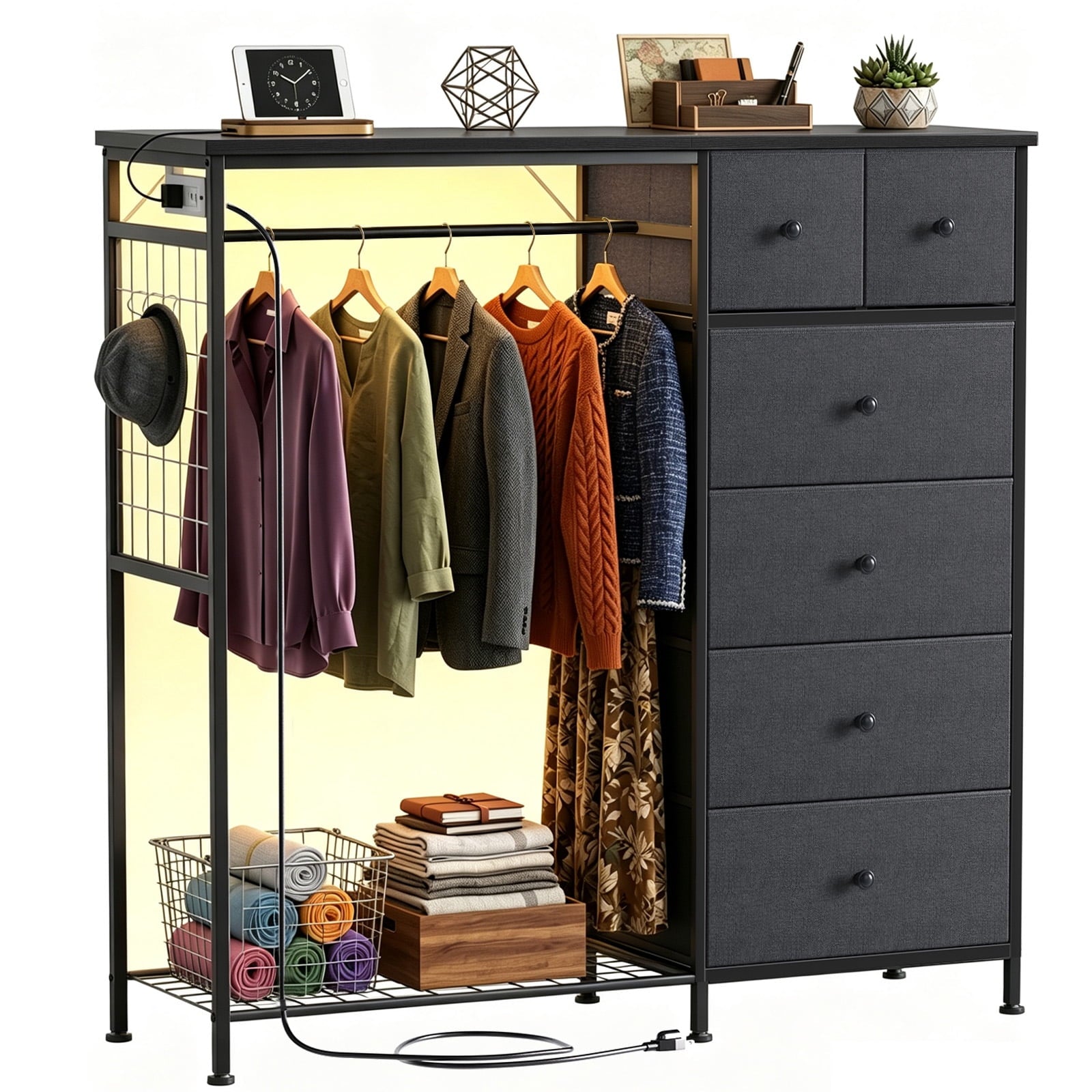 CONCETTA Dresser for Bedroom with Hanging Rack 6 Drawers Dresser, LED Lights & Charging Station, Wooden Top, Grid Panel, Gray