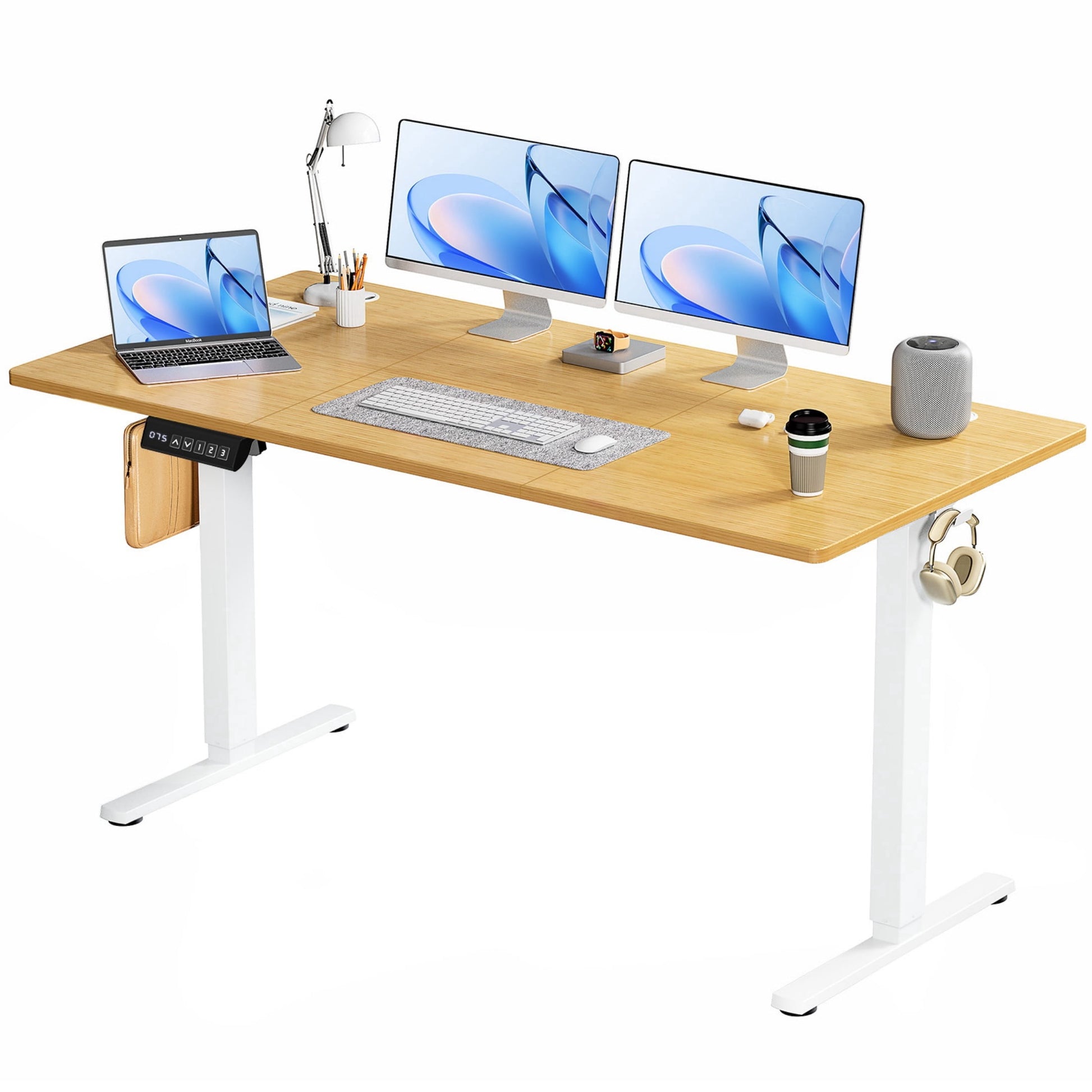 CONCETTA Electric Height Adjustable Desk, 63"x24" Ergonomic Sit Stand Workstation, One-Touch Lift Home Office Desk, Oak