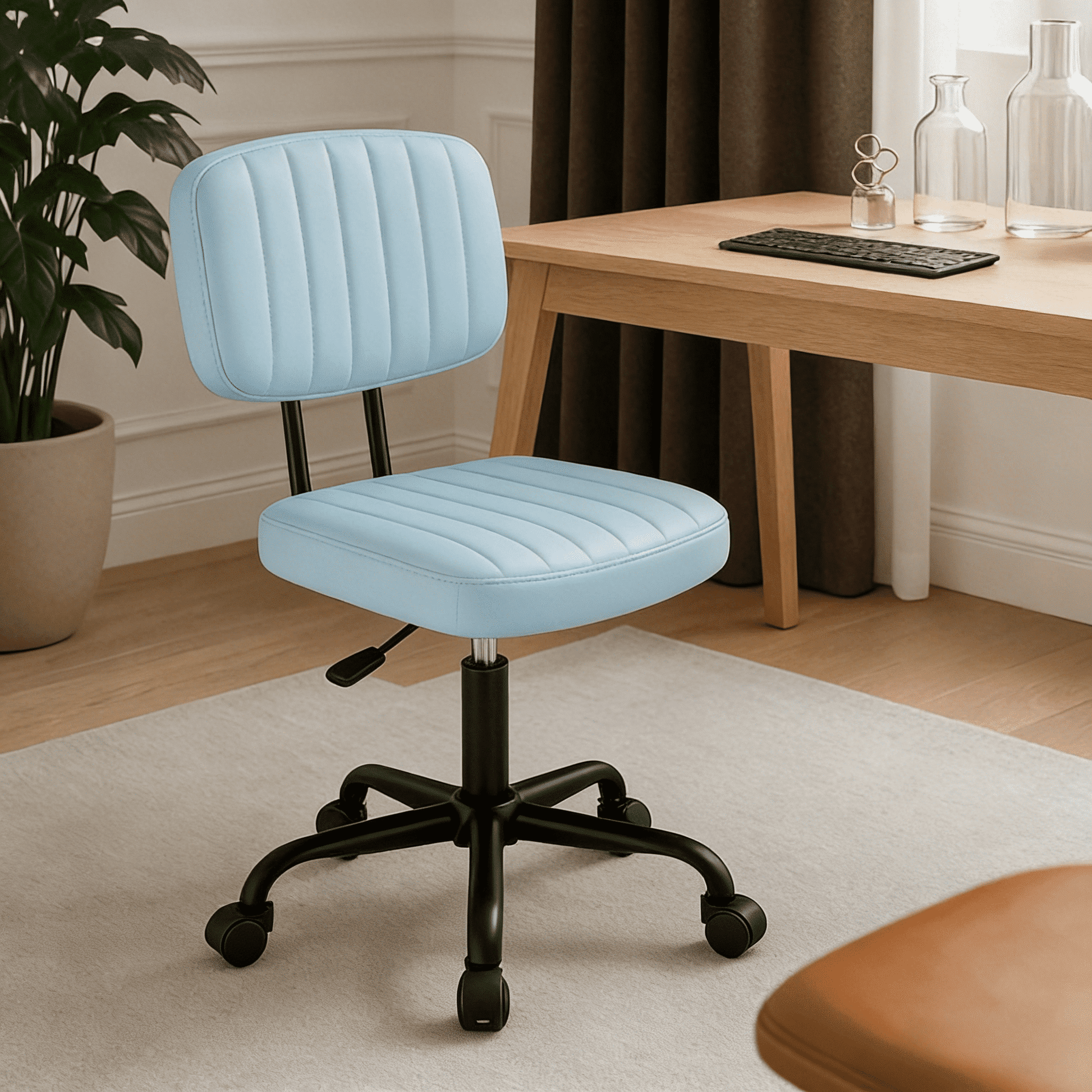 CONCETTA Ergonomic Home Office PU Leather Desk Chair, Small Space, Armless Rolling Chair for Adults, Blue