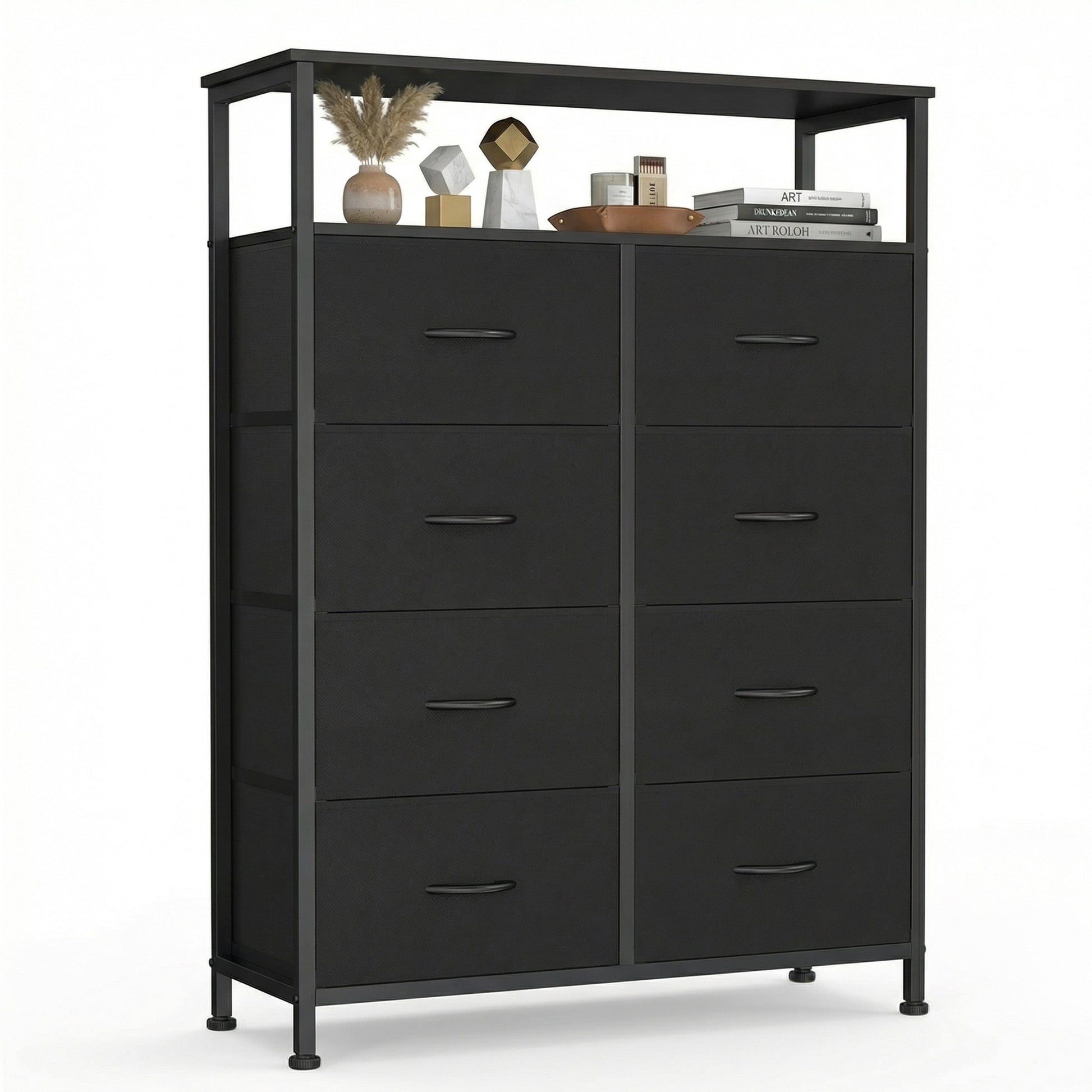 CONCETTA 8 Drawers Fabric Dresser with Open Shelves, Tall Storage Tower for Bedroom Closet, Living Room Entryway Hallway, Black