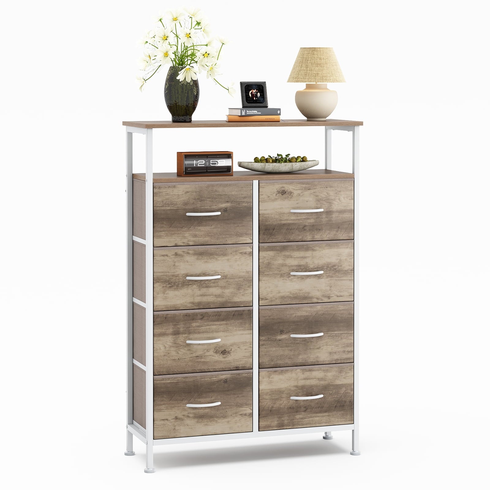 CONCETTA 8-Drawer Fabric Storage Cabinet, Open Shelf, 45.9-inch Tall Organizer for Bedroom Closet Organization, Living Room Hallway, Oak