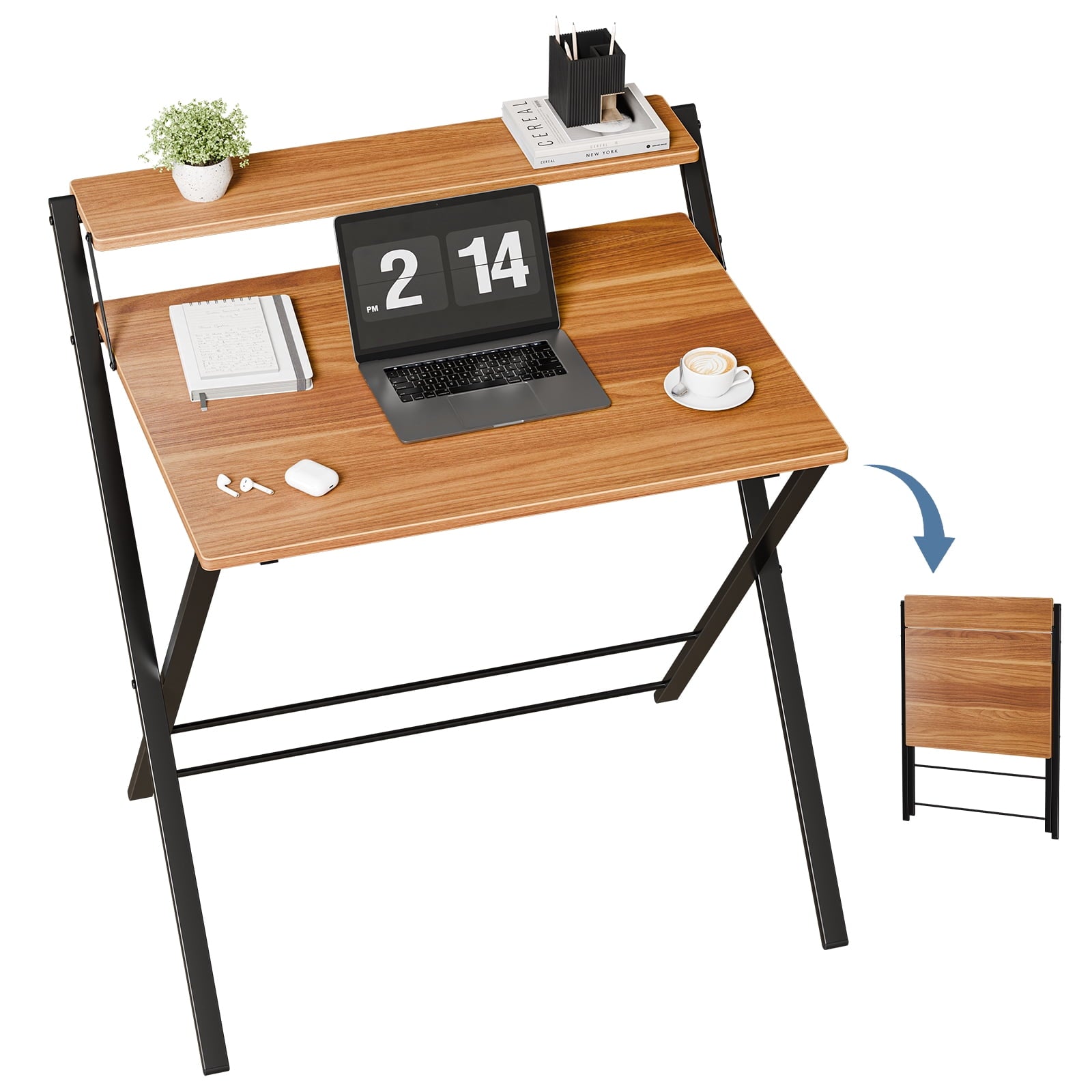 CONCETTA Folding Desk No Assembly Needed, 2-Tier Space Saving Laptop Desk with Shelf, Compact Computer Table for Apartment Dorm Home Office, Brown