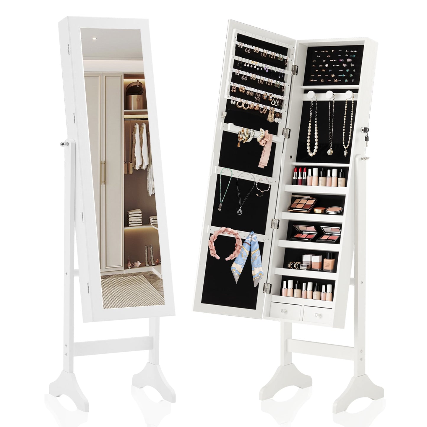 CONCETTA Freestanding Full Length Mirror Jewelry Cabinet with Makeup Storage, 3-Angle Adjustable Jewelry Armoire Organizer,White