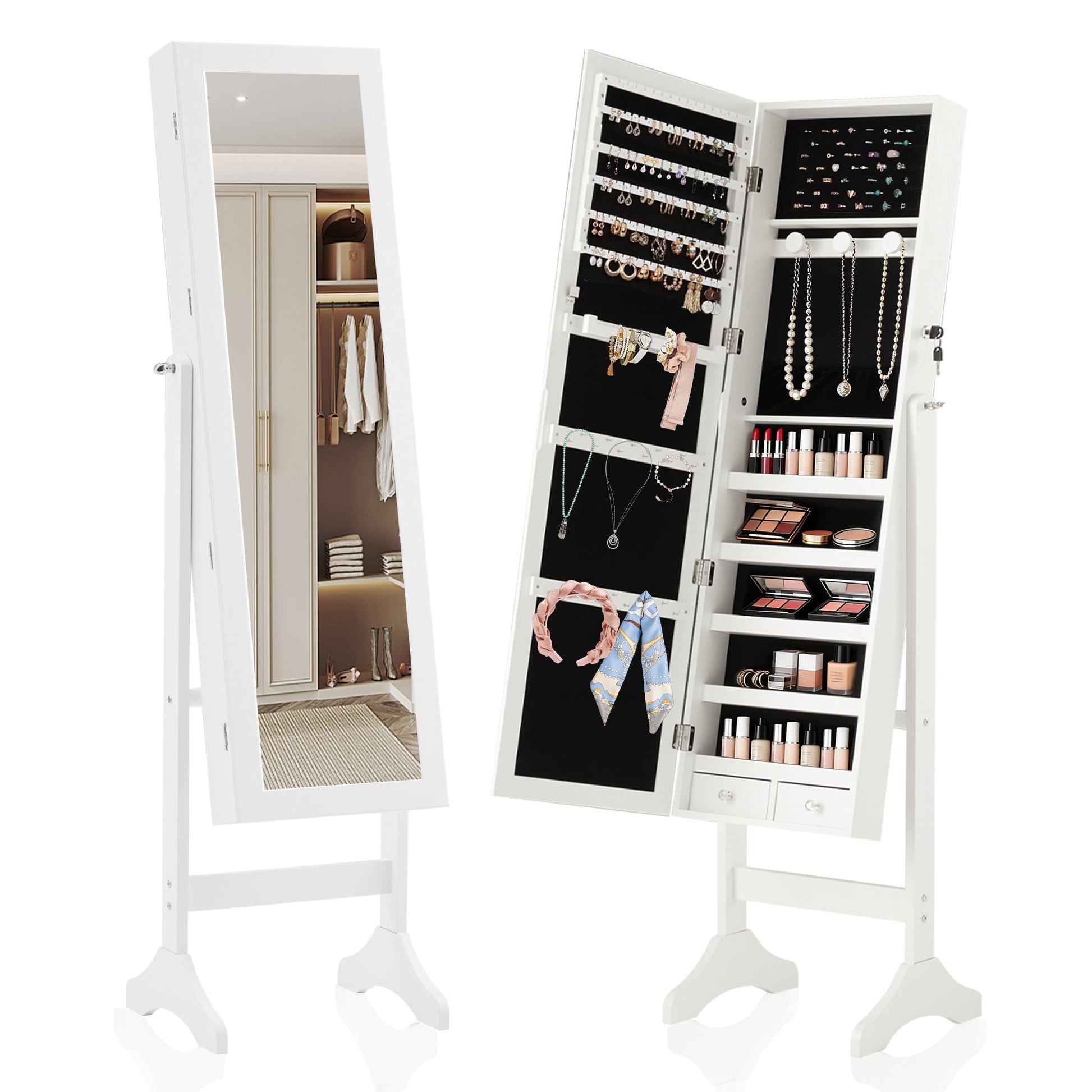 CONCETTA Freestanding Full Length Mirror Jewelry Cabinet with Makeup Storage, 3-Angle Adjustable Jewelry Armoire Organizer,White