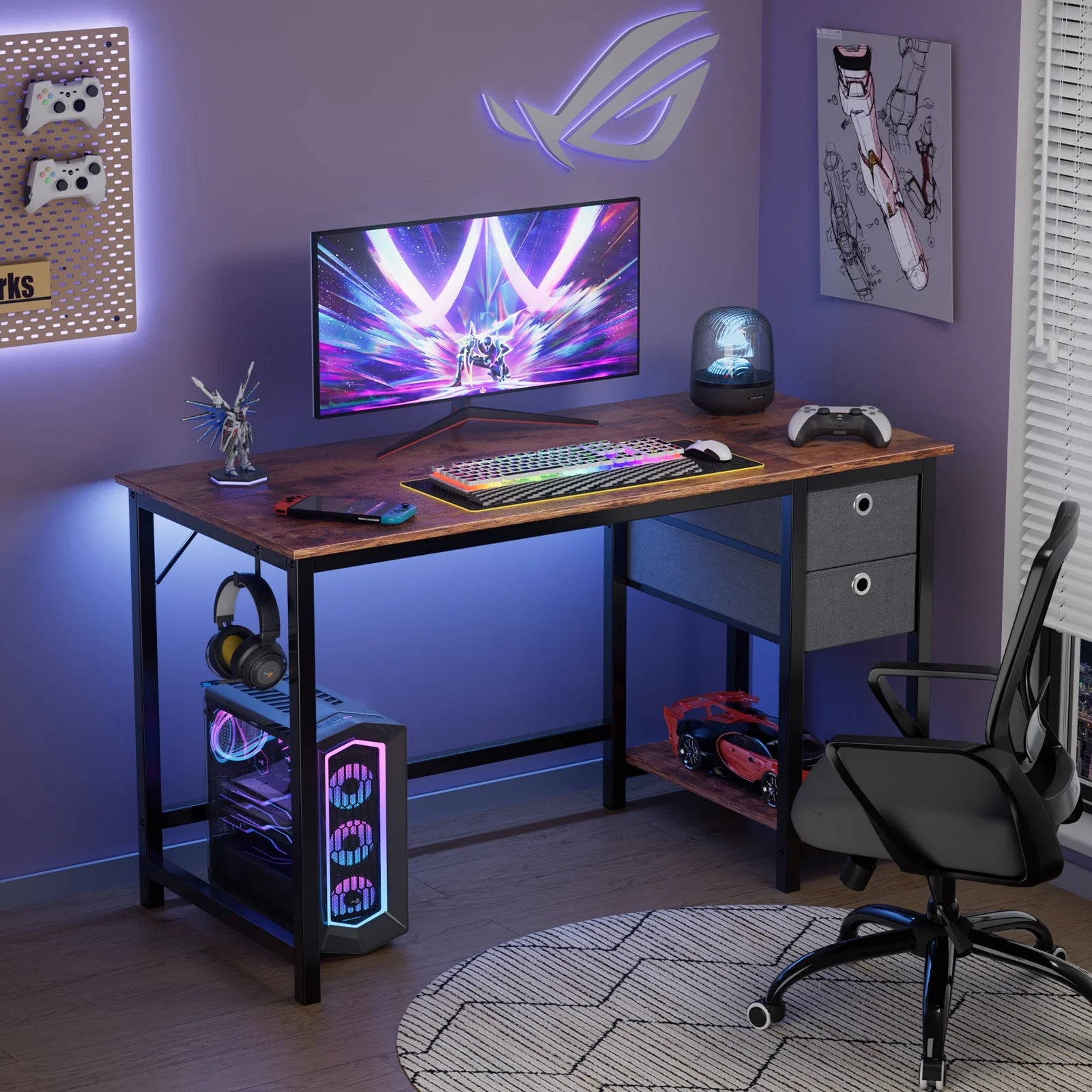 CONCETTA Reversible Home Office Desk with Storage, Compact Study and Vanity Table for Small Spaces 47 inch, Rust