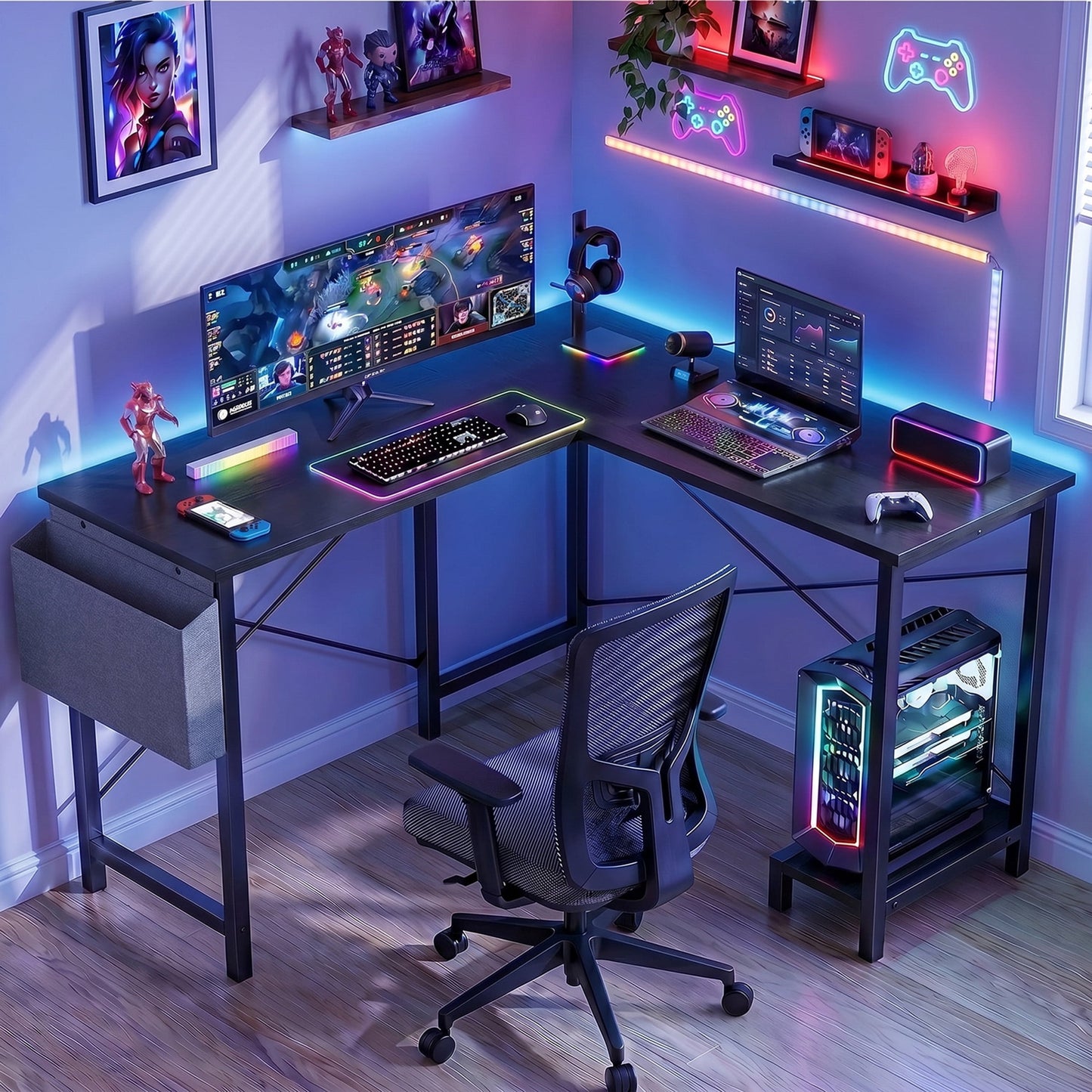 CONCETTA 49 Inch Modern L Shaped Computer Desk with Lower Storage Shelf & Side Bag, Two-Way Convertible Corner Gaming Table for Home Office, Black