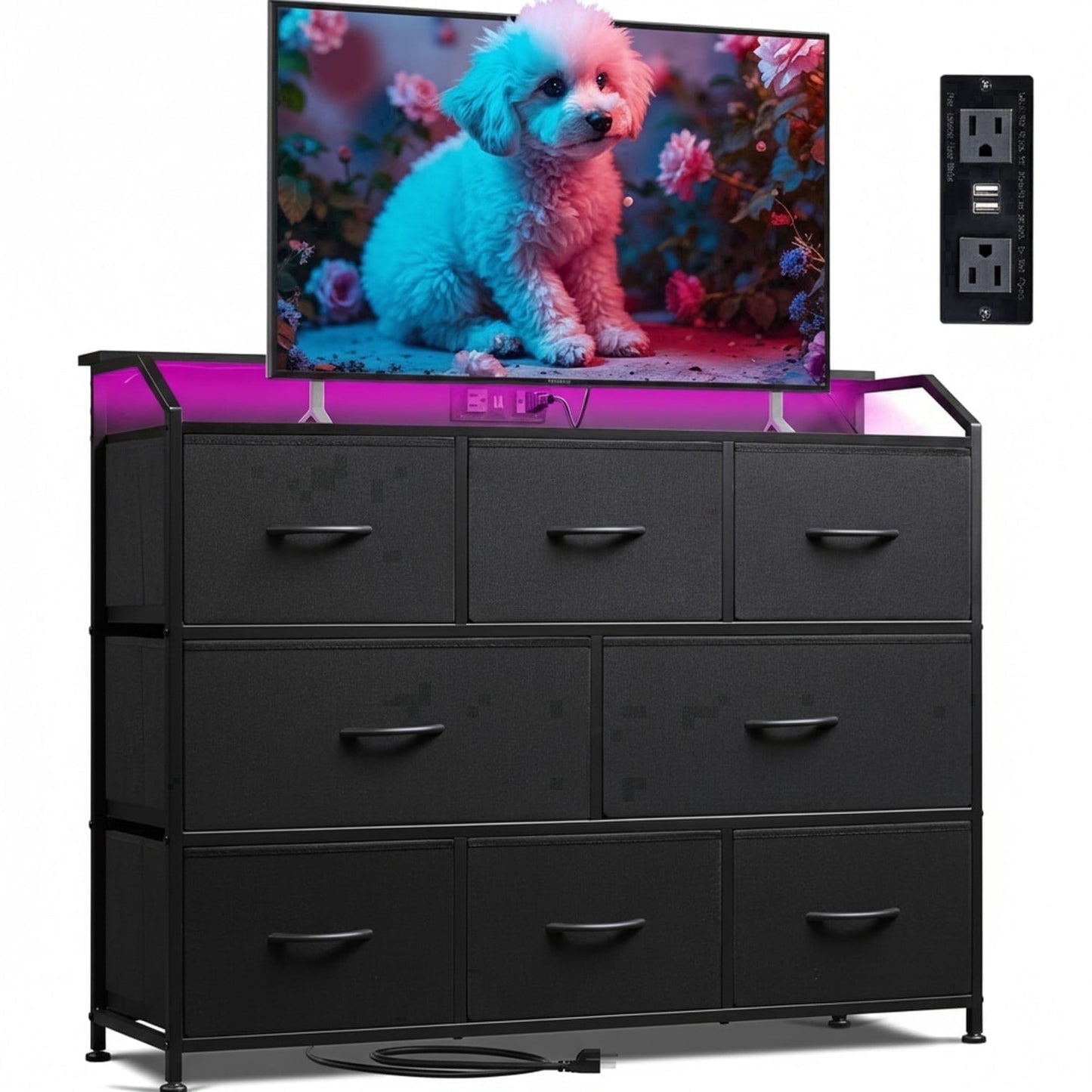 CONCETTA Led Dresser for Bedroom, TV Stand for Bedroom with Lights and Power Outlet, 8 Fabric Drawers Storage Organizer for Living Room, Black