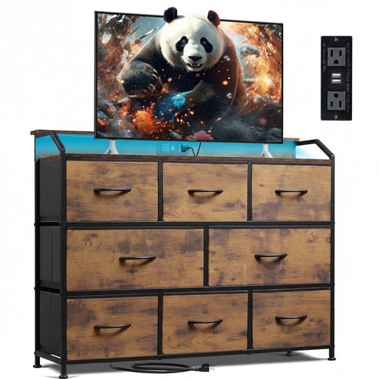 CONCETTA Led Dresser for Bedroom, TV Stand for Bedroom with Lights and Power Outlet, 8 Fabric Drawers Storage Organizer for Living Room, Rustic Brown