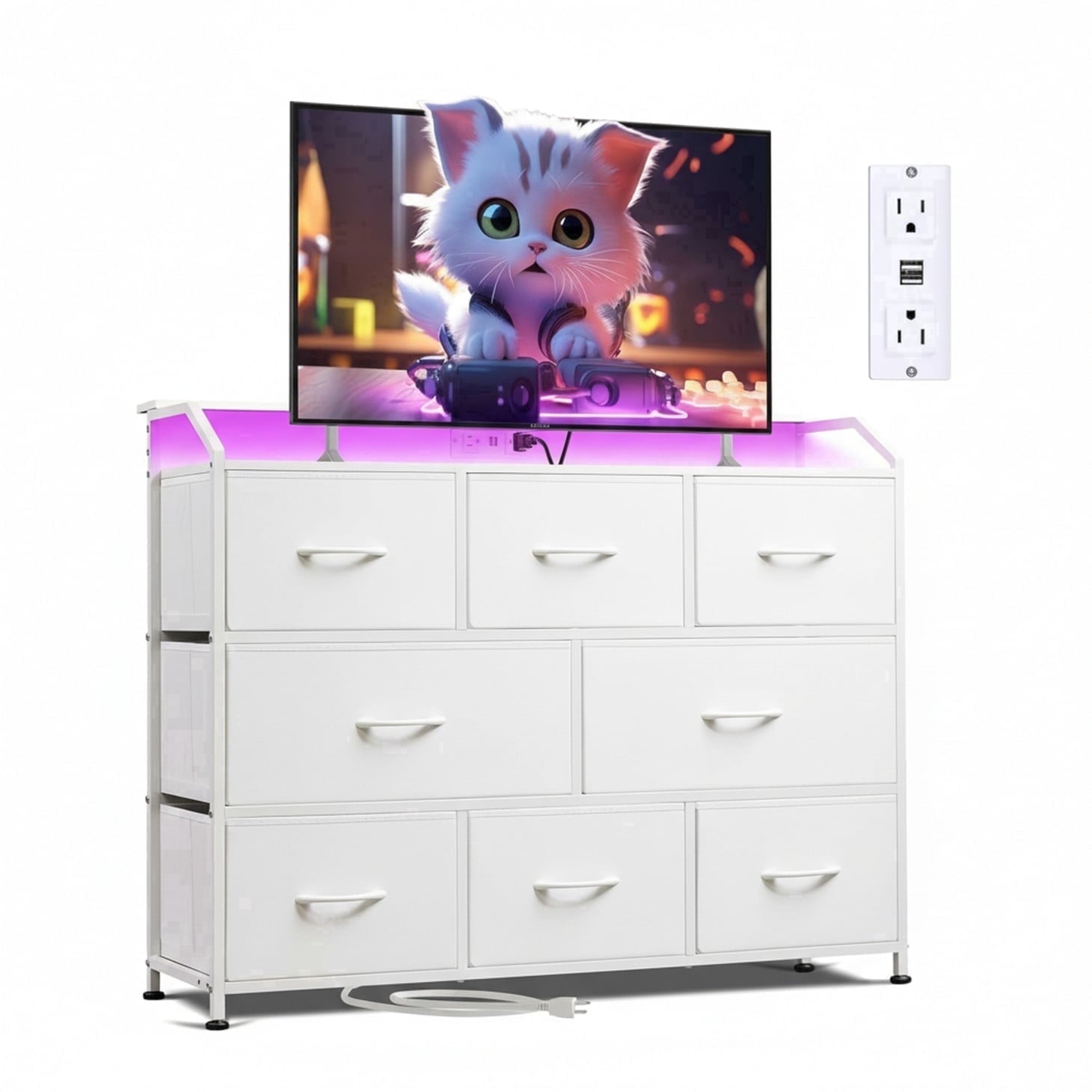 CONCETTA Led Dresser for Bedroom, TV Stand for Bedroom with Lights and Power Outlet, 8 Fabric Drawers Storage Organizer for Living Room, White
