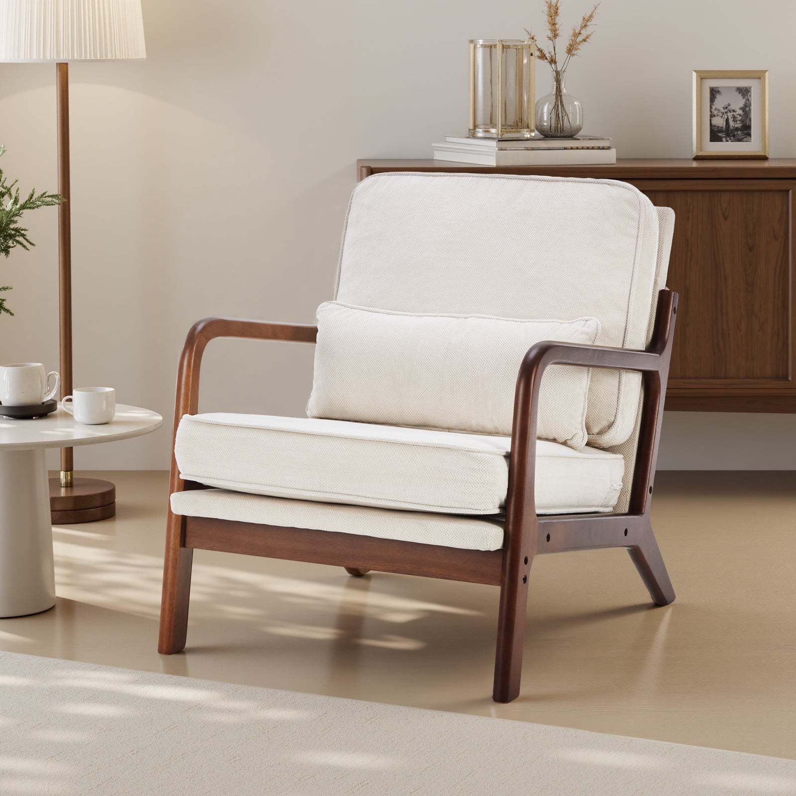 CONCETTA Modern Mid Century Accent Chair with Soft Padded Cushion, Wood Frame for Home, Lounge, Adult, Beige