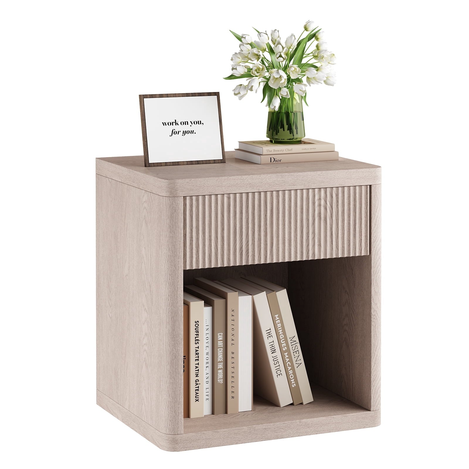 CONCETTA Nightstand with Drawer and Open Shelf, Mid Century Fluted End Table for Bedroom, Living Room and Office, White Oak