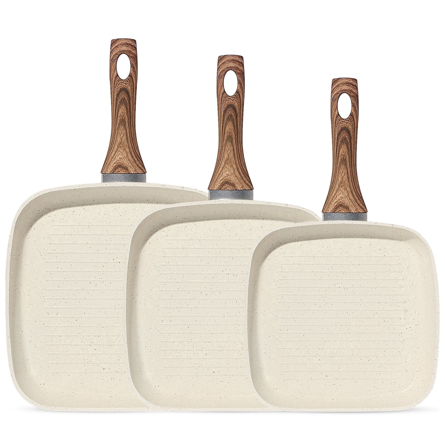 CONCETTA Non-Stick Cookware Set, Square Frying Pan, Wooden Handle, Suitable For Indoor And Outdoor Camping and Rv Cooking, Gift for Mother's Day, Beige