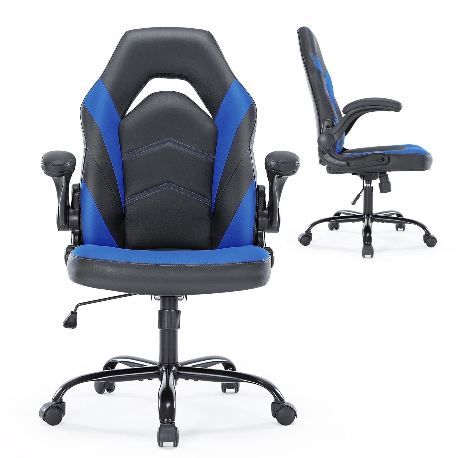 CONCETTA PU Leather Computer Gaming Desk Chair, Ergonomic Adjustable Swivel Racing Chair with Flip-up Armrest, Black Blue