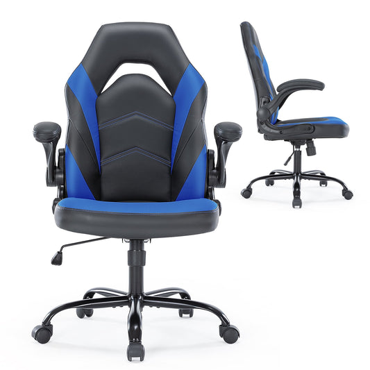 CONCETTA PU Leather Computer Gaming Desk Chair, Ergonomic Adjustable Swivel Racing Chair with Flip-up Armrest, Black Blue