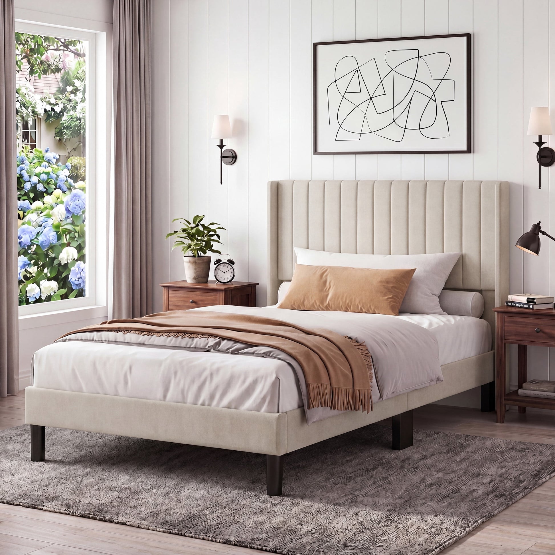 CONCETTA Twin Size Bed Frame with Wingback Fabric Upholstered Headboard and Wooden Slats Support, No Box Spring Needed, Easy Assembly, Beige