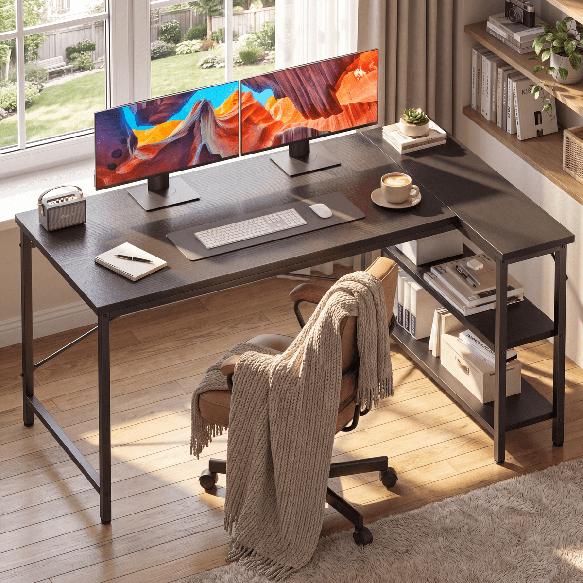 CONCETTA 39 inch L Shaped Desk with Reversible Storage Shelves, 154 lbs Capacity Computer Corner Desk for Home Office, Gaming & Writing, Black