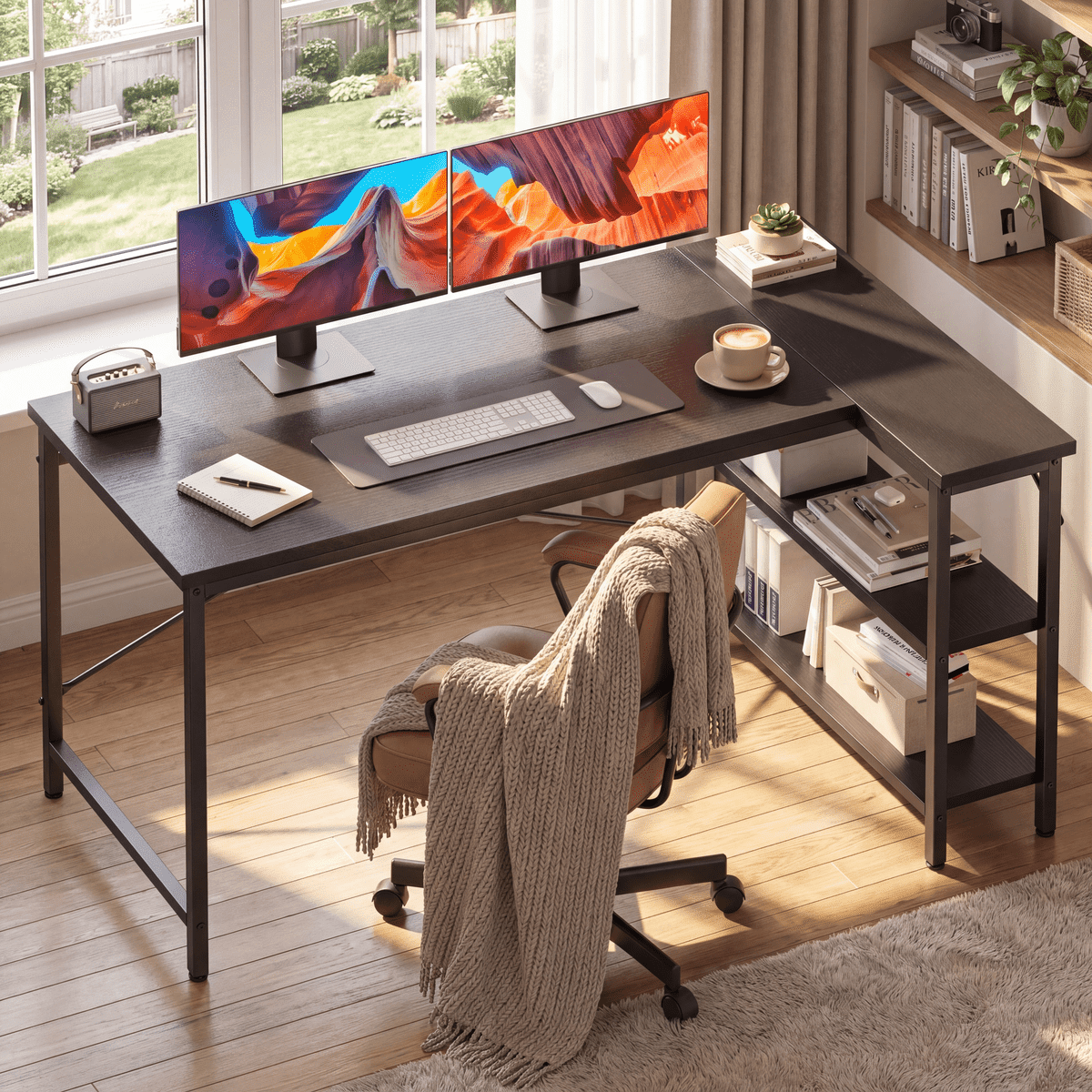 CONCETTA 47 inch L Shaped Desk with Reversible Storage Shelves, 154 lbs Capacity Computer Corner Desk for Home Office, Gaming & Writing, Black