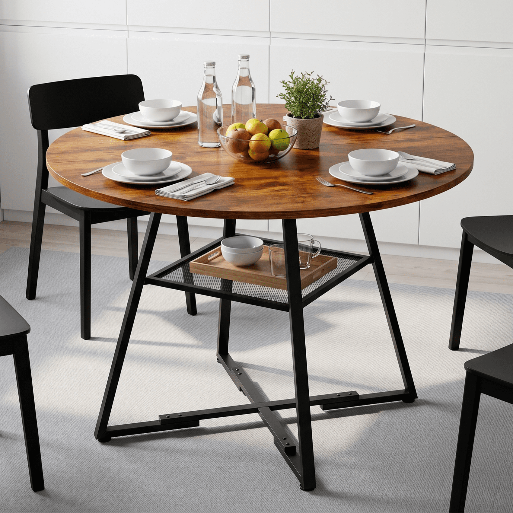 CONCETTA 42 Inch Round Dining Table for 4-6, Farmhouse Kitchen & Dining Room Table with Dual-Tier Storage Shelf, Heavy-Duty Pedestal Metal Frame, Space-Saving Circular Table for Apartment, Rust
