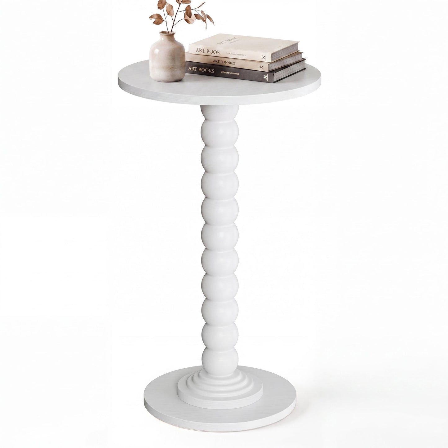 CONCETTA Modern Round Side Table, Accent End Table with Solid Wood Spindle, Small Drink Table for Living Room, Bedroom, Couch, Office, White