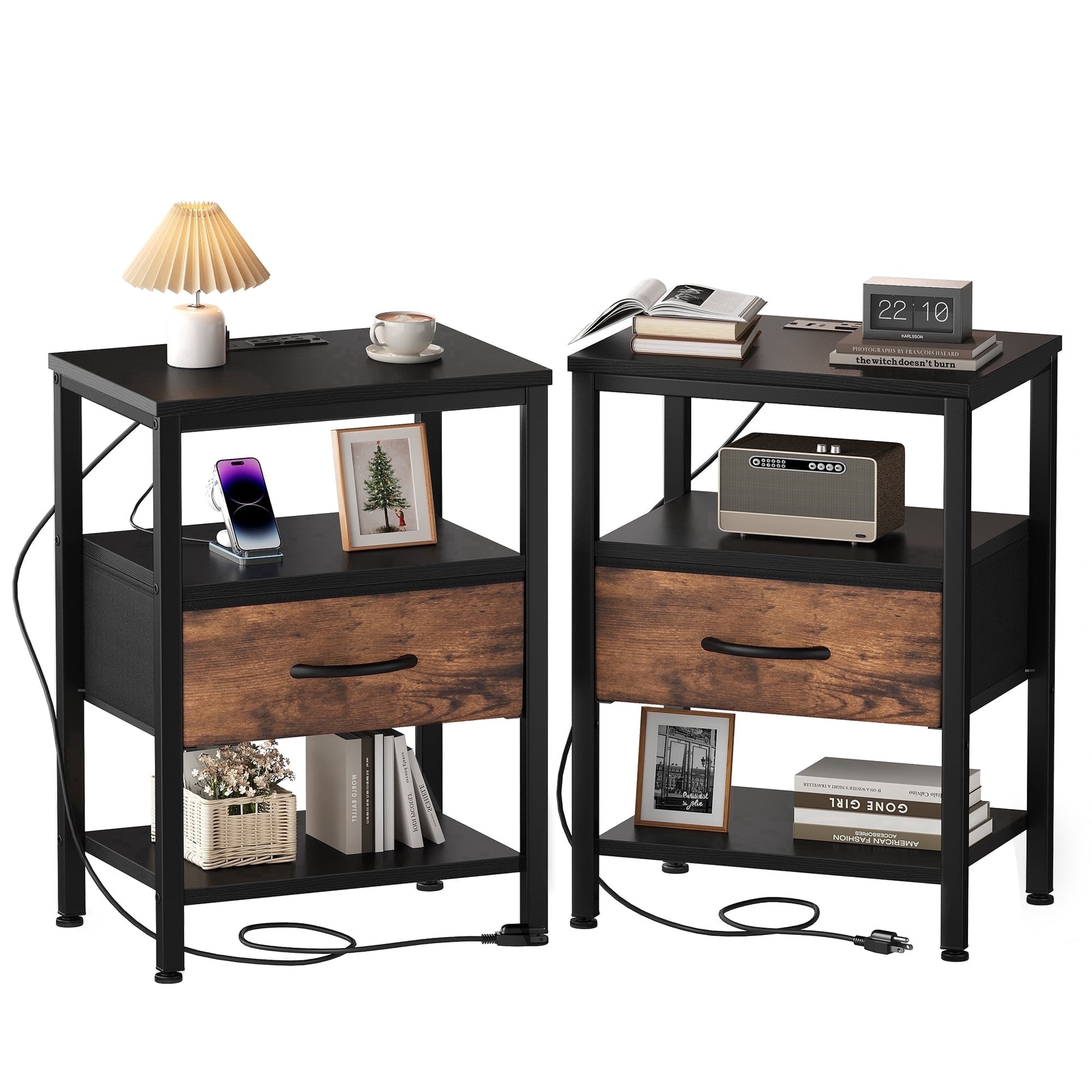 CONCETTA Set of 2 Small Night Stand with Charging Station, 1 Fabric Drawer, USB Ports and Outlets, Open Storage Shelf Bedside End Table for Bedroom, Black Brown