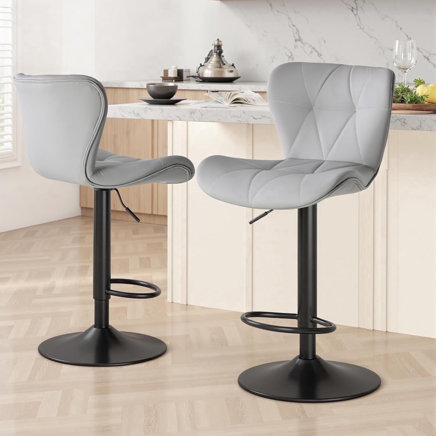 CONCETTA Swivel Bar Stools Set of 2 with Adjustable Height, Leather with Backrest for Home Bar, Gray