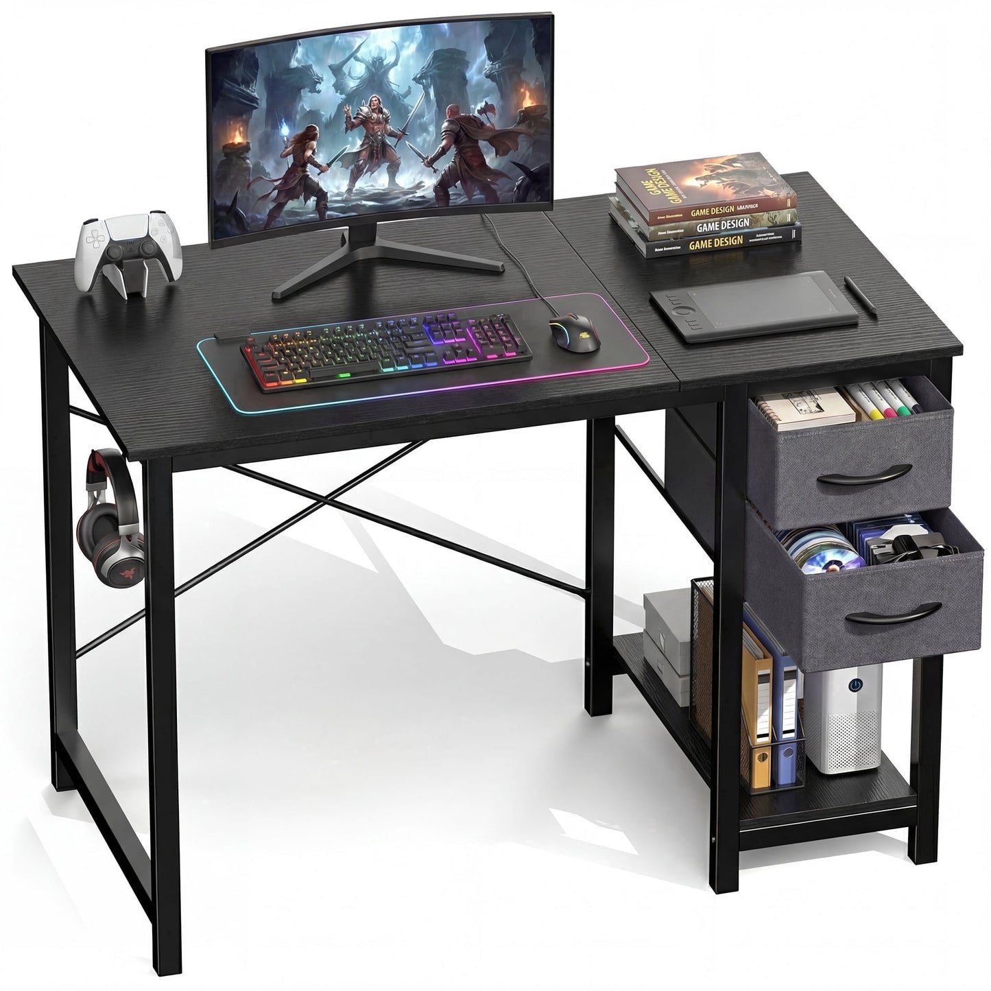 CONCETTA 40in Small Computer Desk with 2 Drawers, Side Headphone Hook, Writing Work Study Desk for Home, Black Wood
