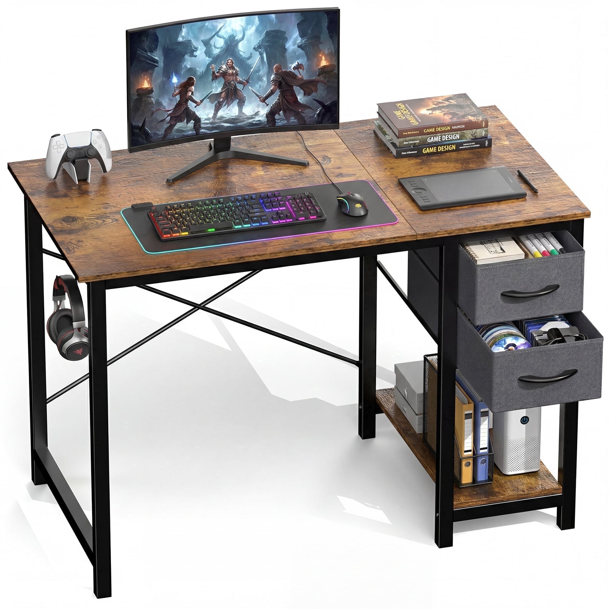 CONCETTA 40in Small Computer Desk with 2 Drawers, Side Headphone Hook, Writing Work Study Desk for Home, Rust Brown
