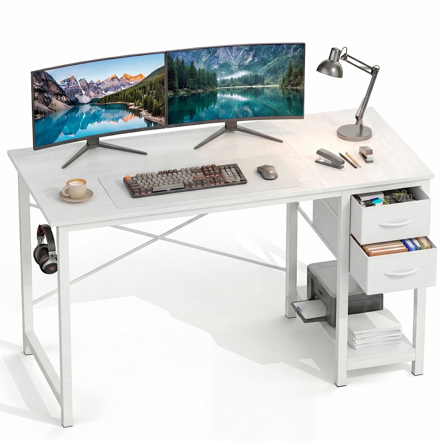 CONCETTA 47in Small Computer Desk with 2 Drawers, Side Headphone Hook, Writing Work Study Desk for Home, White