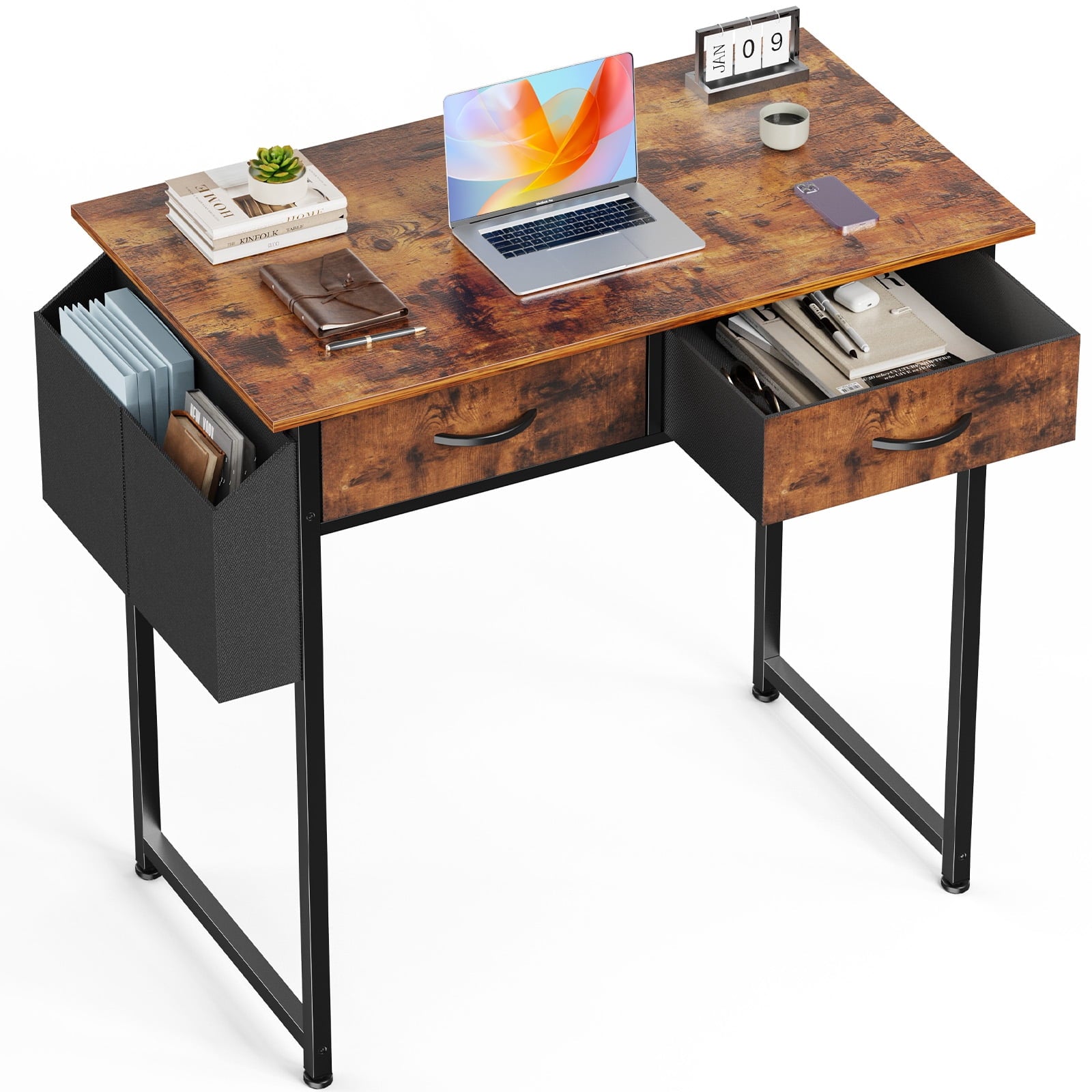 CONCETTA 32 inch Small Computer Desk with Fabric Drawers & Storage Bag Iron Hook for Bedroom, Rustic Brown