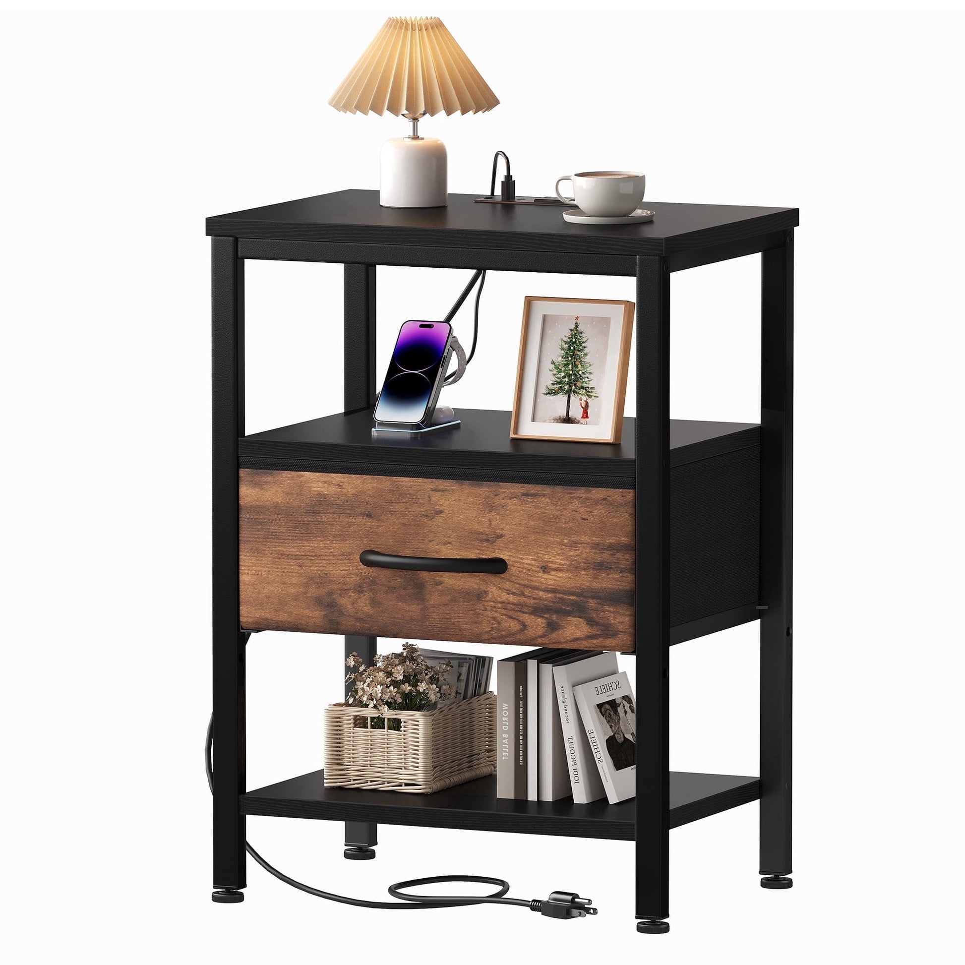 CONCETTA Small Night Stand with Charging Station, 1 Fabric Drawer, USB Ports and Outlets, Open Storage Shelf Bedside End Table for Bedroom, Rustic Brown