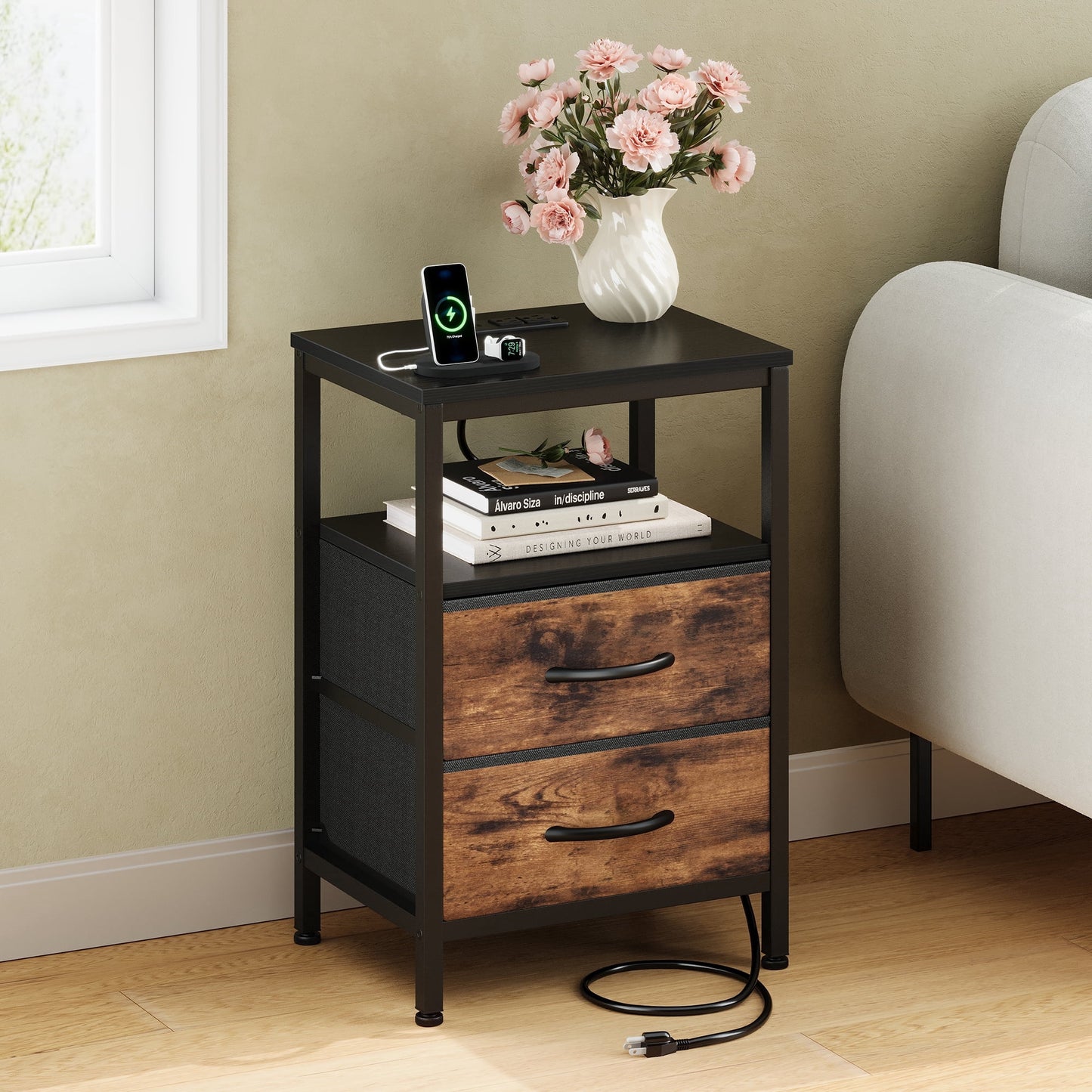 CONCETTA Small Nightstand with Charging Station, 2 Fabric Drawer, End Table with USB Ports and Outlets for Bedroom, Black Brown