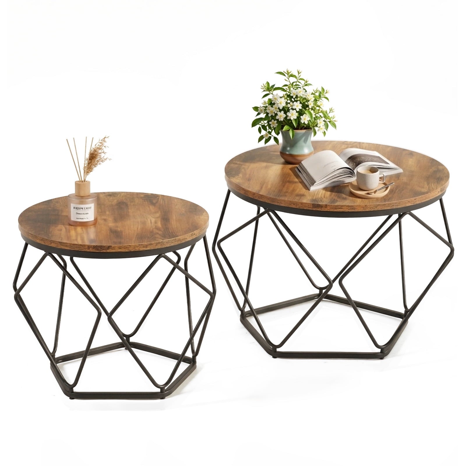 CONCETTA Small Round Coffee Table Set of 2, Nesting Side Tables for Living Room or Bedroom, Modern Accent End Tables,Rust