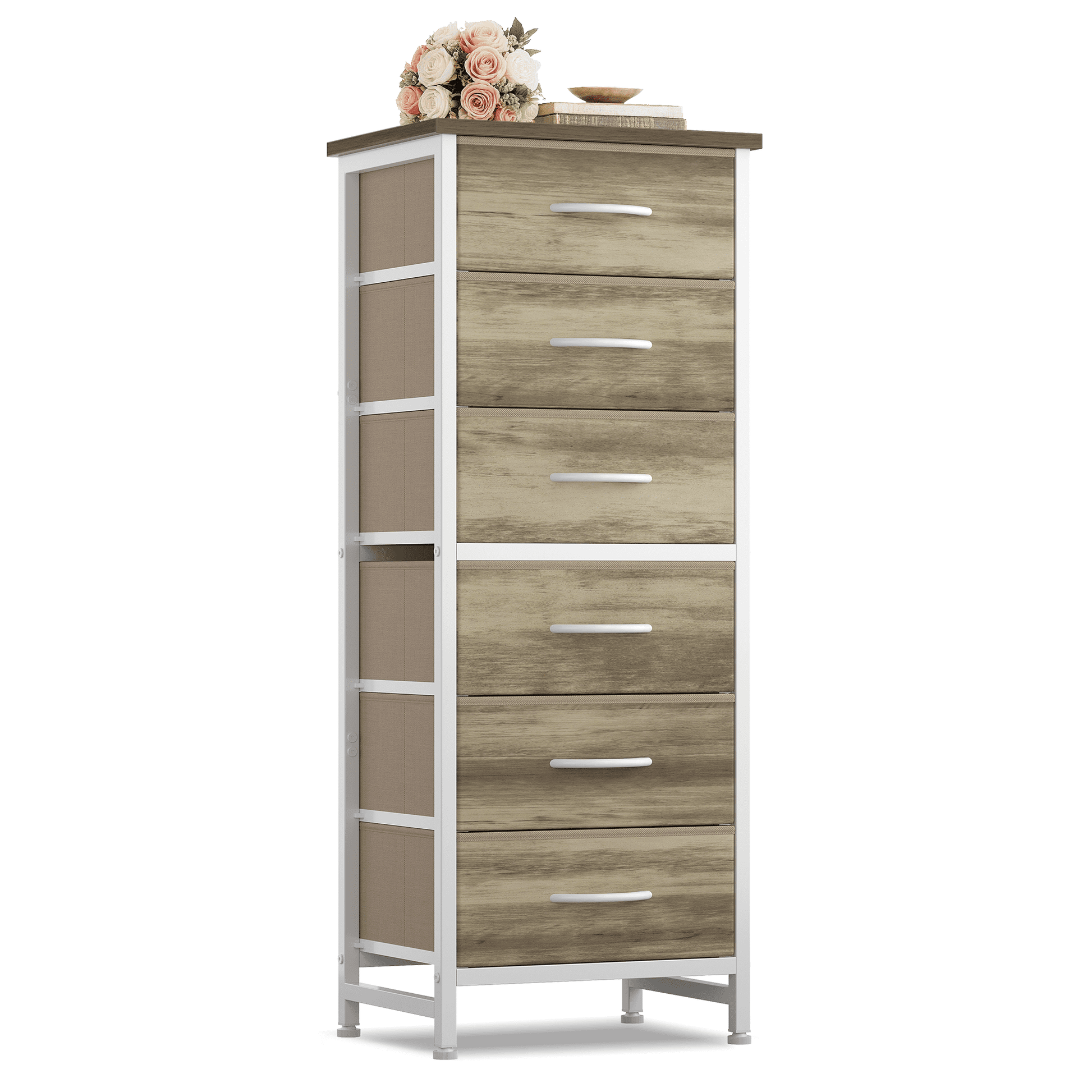 CONCETTA Tall Storage Dresser with 6 Fabric Drawers, Metal Frame with Cross Support Rods, Anti-Tip, Wood Top for Bedrooms, Offices and Compact Spaces, Oak