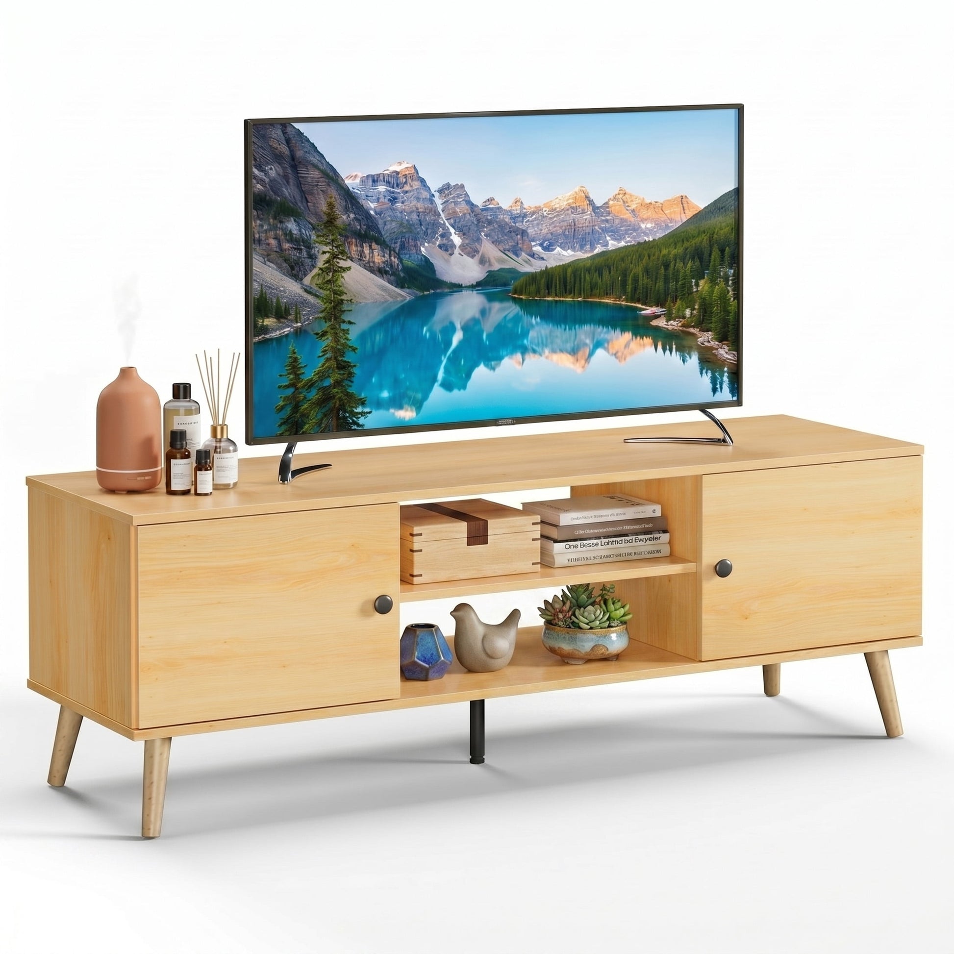 CONCETTA Wood TV Stand with 2 Storage Cabinets, Modern Entertainment Center for TVs up to 60 inches, Media Console with Adjustable Shelves and Cable Management, Wooden Color