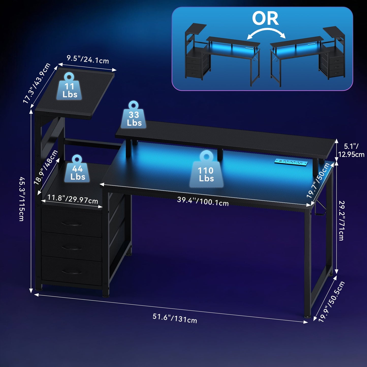 CONCETTTA Gaming Desk, 52 Inches, With Shelf Storage Drawers, Black Computer Desk With Led Lights And Power Sockets, Office Wooden Desk With Pc Stand And Cable Management