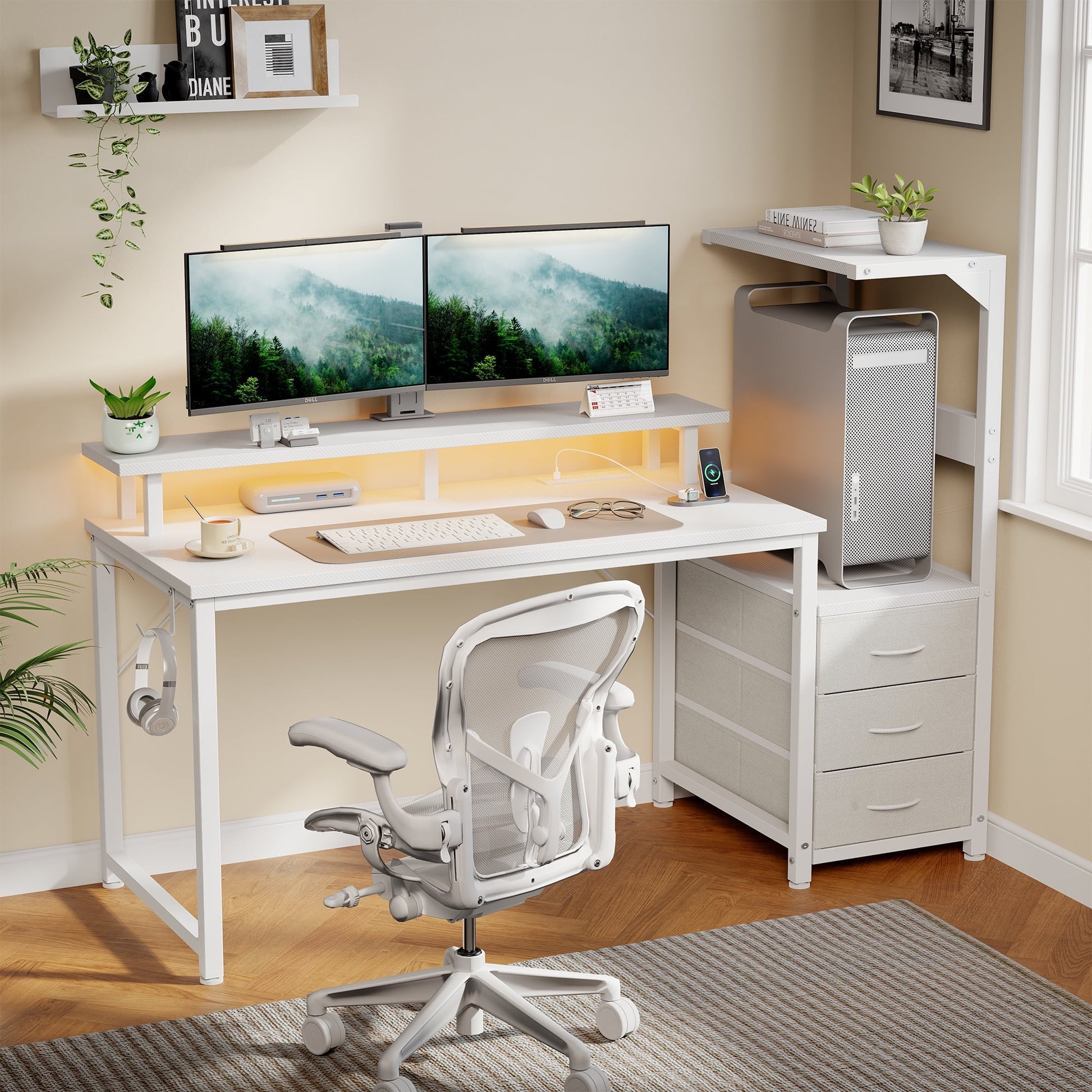 CONCETTTA Gaming Desk, 52 Inches, With Shelf Storage Drawers, White Computer Desk With Led Lights And Power Sockets, Office Wooden Desk With Pc Stand And Cable Management