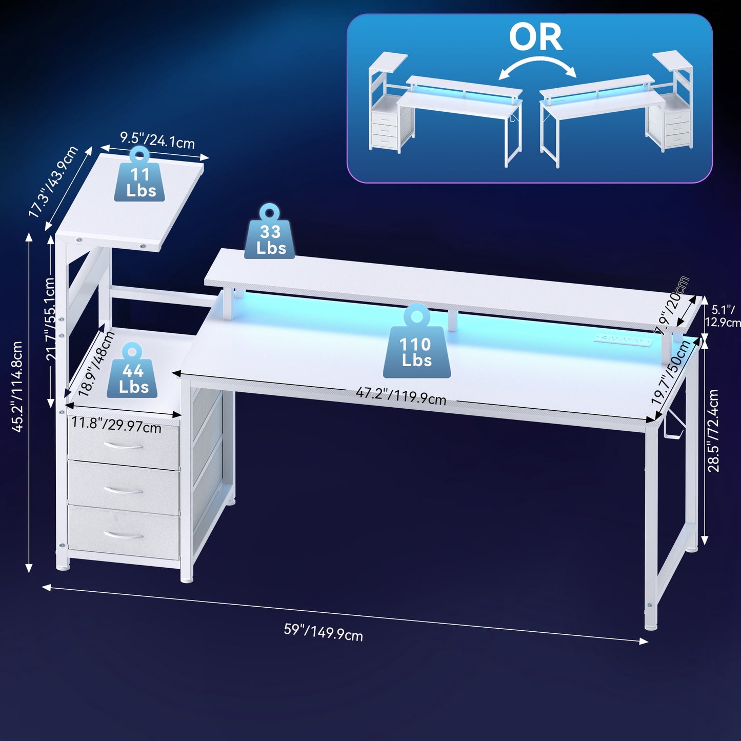 CONCETTTA Gaming Desk, 59 Inches, With Shelf Storage Drawers, White Computer Desk With Led Lights And Power Sockets, Office Wooden Desk With Pc Stand And Cable Management