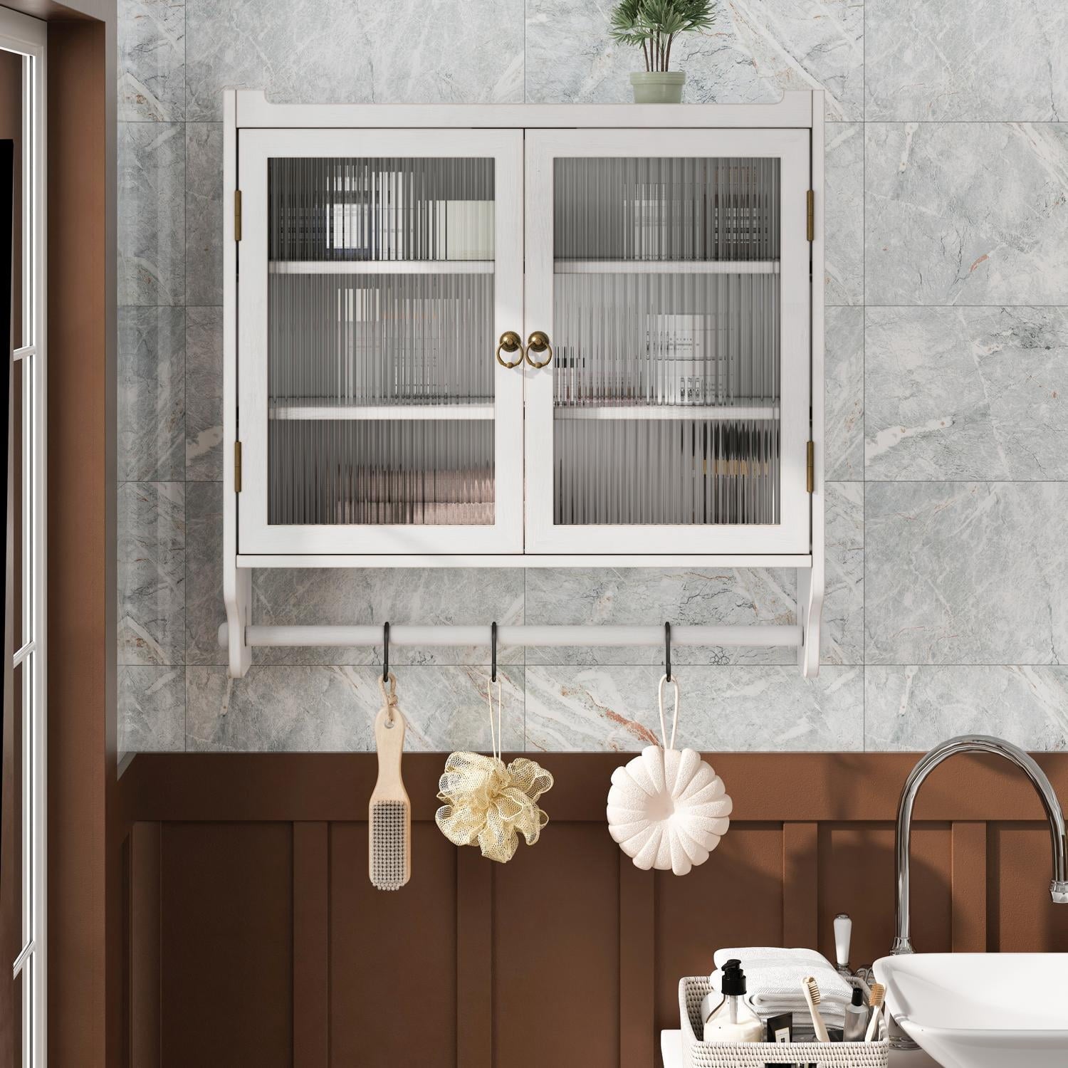 Cabinet, Wall Mounted with Double Glass Doors and Three Removable Shelves, Solid Wood Frame for Bathroom Kitchen Dining Room, Brown