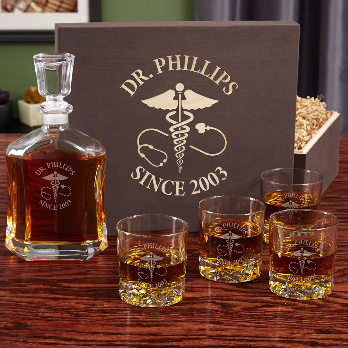 Caduceus Engraved Whiskey Decanter Gift Box Set