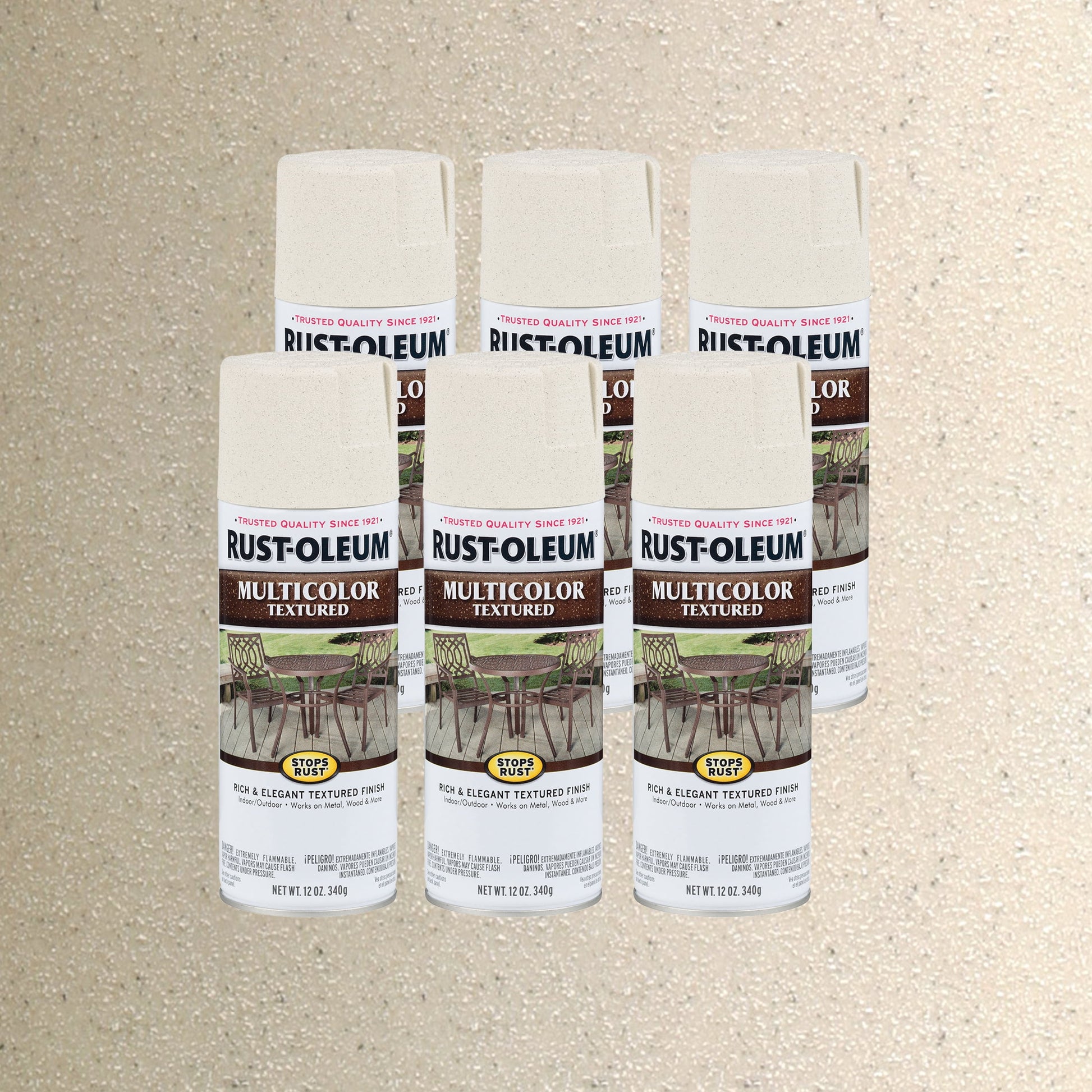 6 Pack, Caribbean Sand, Rust-Oleum Stops Rust Multi-Color Textured Protective Enamel Spray Paint-239121, 12 oz