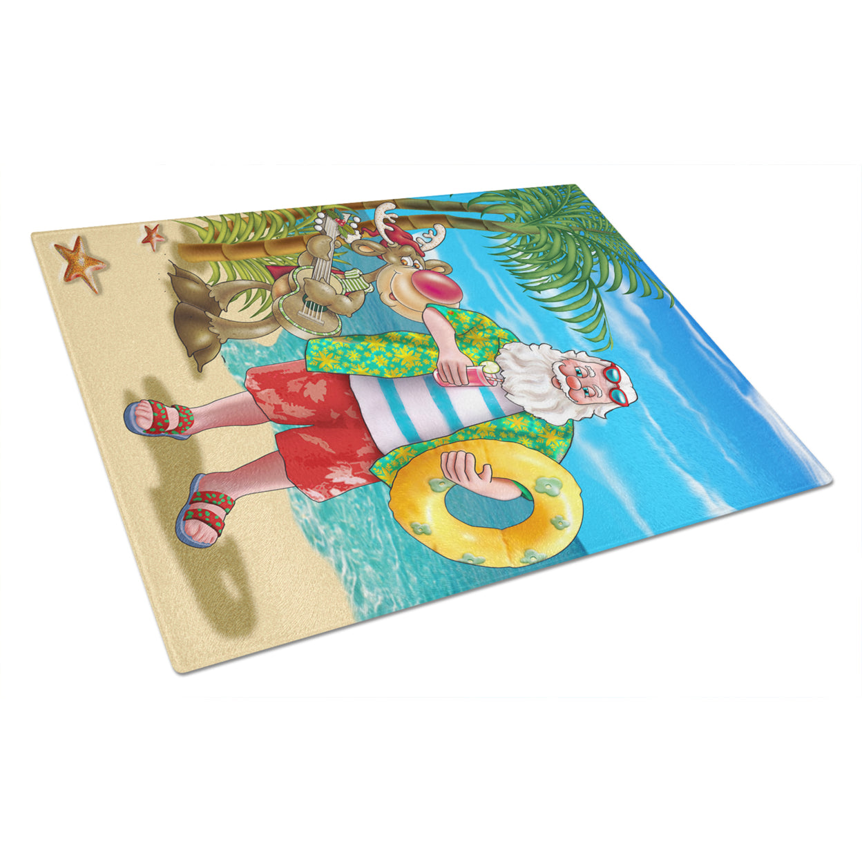 Beach Christmas Santa Claus Swimming Glass Cutting Board Large