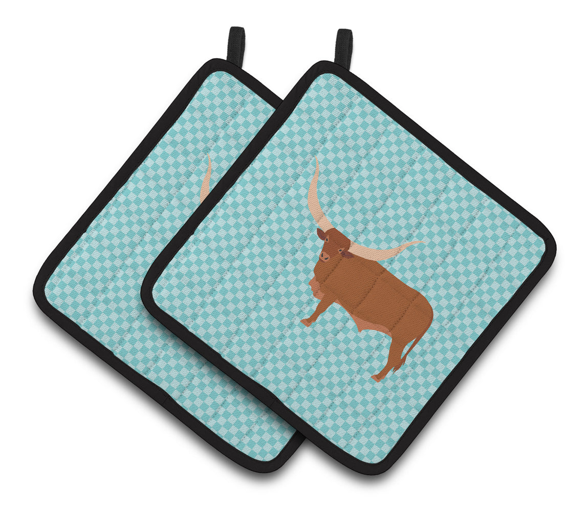 Caroline's Treasures Ankole-Watusu Cow Blue Check Pair of Pot Holders