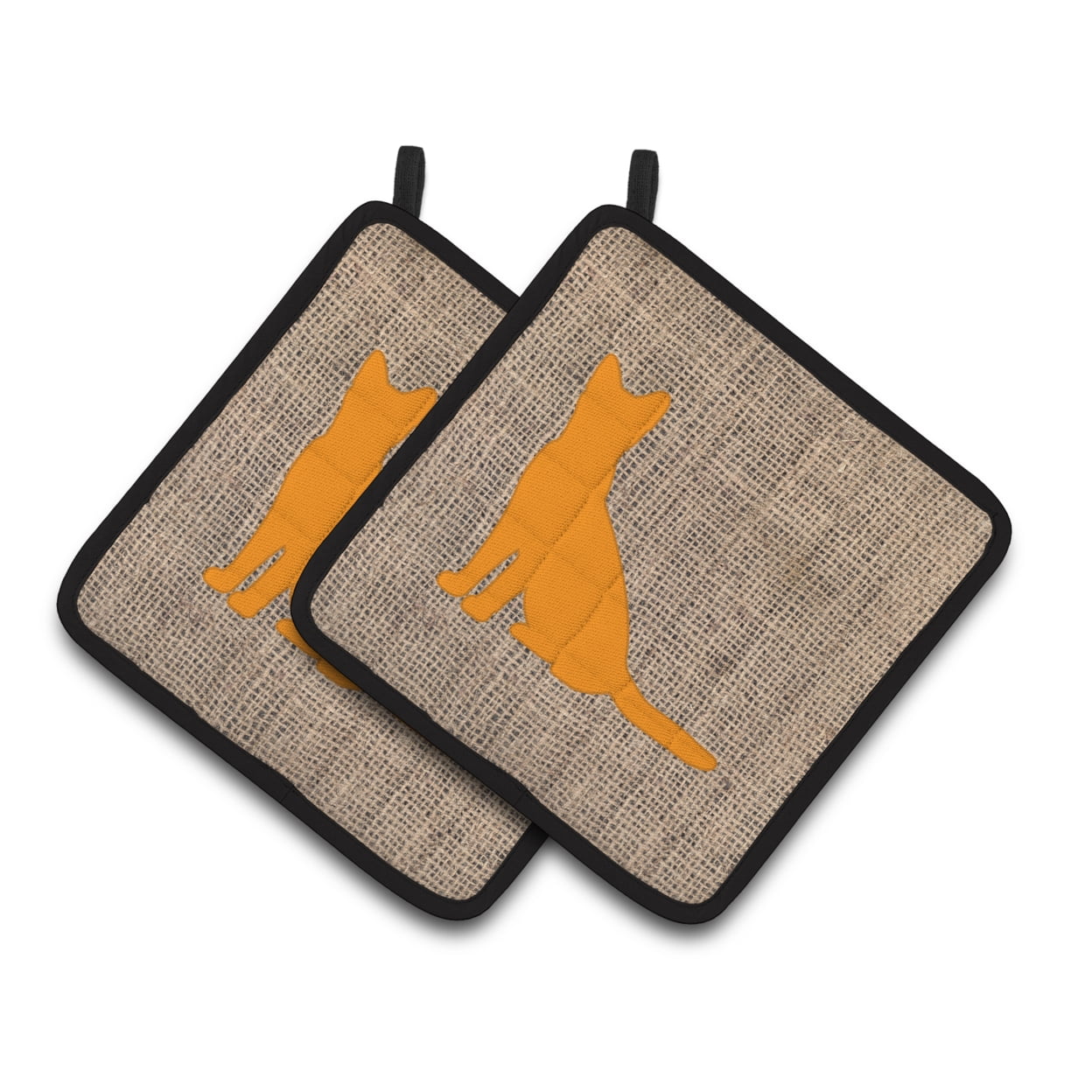 Caroline's Treasures BB1071-BL-OR-PTHD Cat Faux Burlap and Orange Pair of Pot Holders , 7.5HX7.5W, multicolor