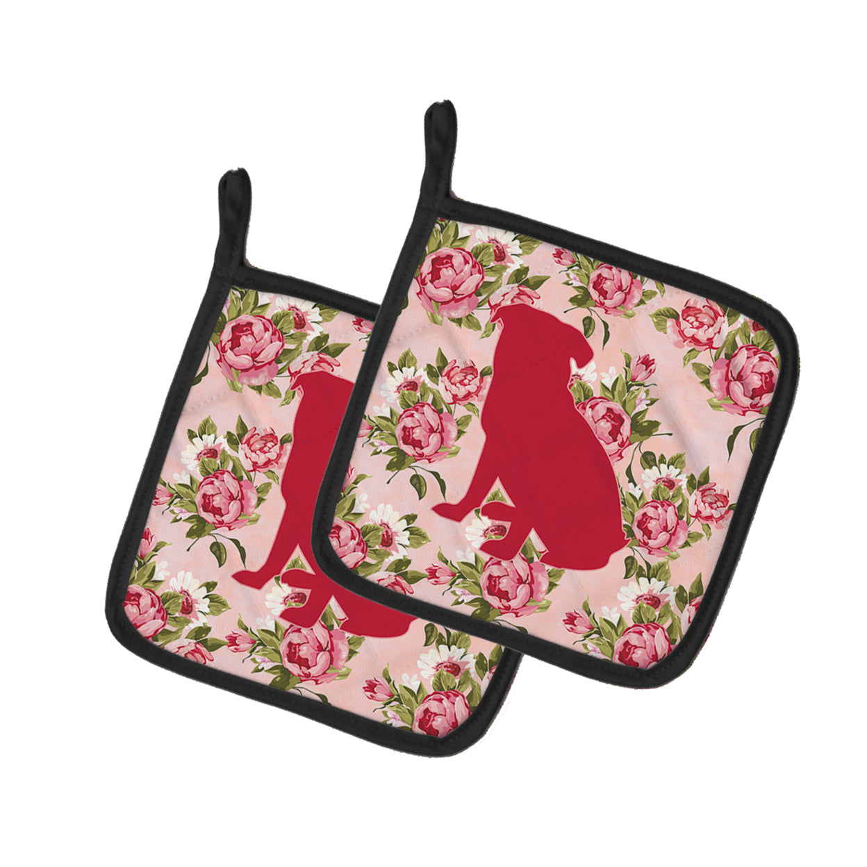 Pug Shabby Chic Pink Roses Pair of Pot Holders