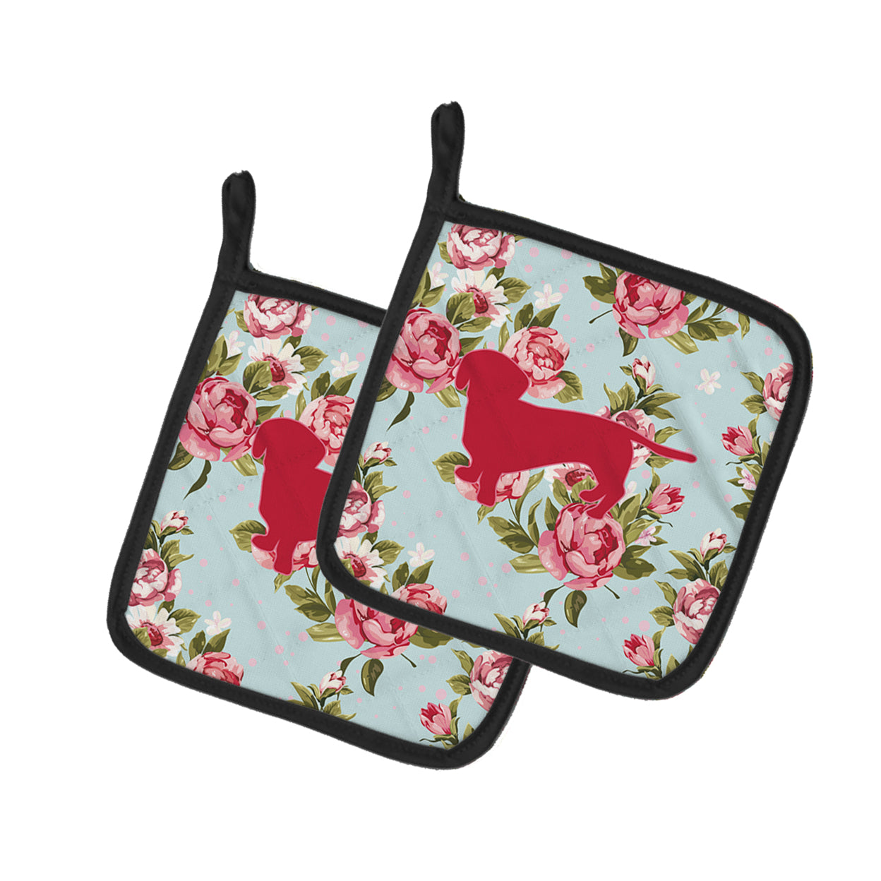 Dachshund Shabby Chic Blue Roses Pair of Pot Holders