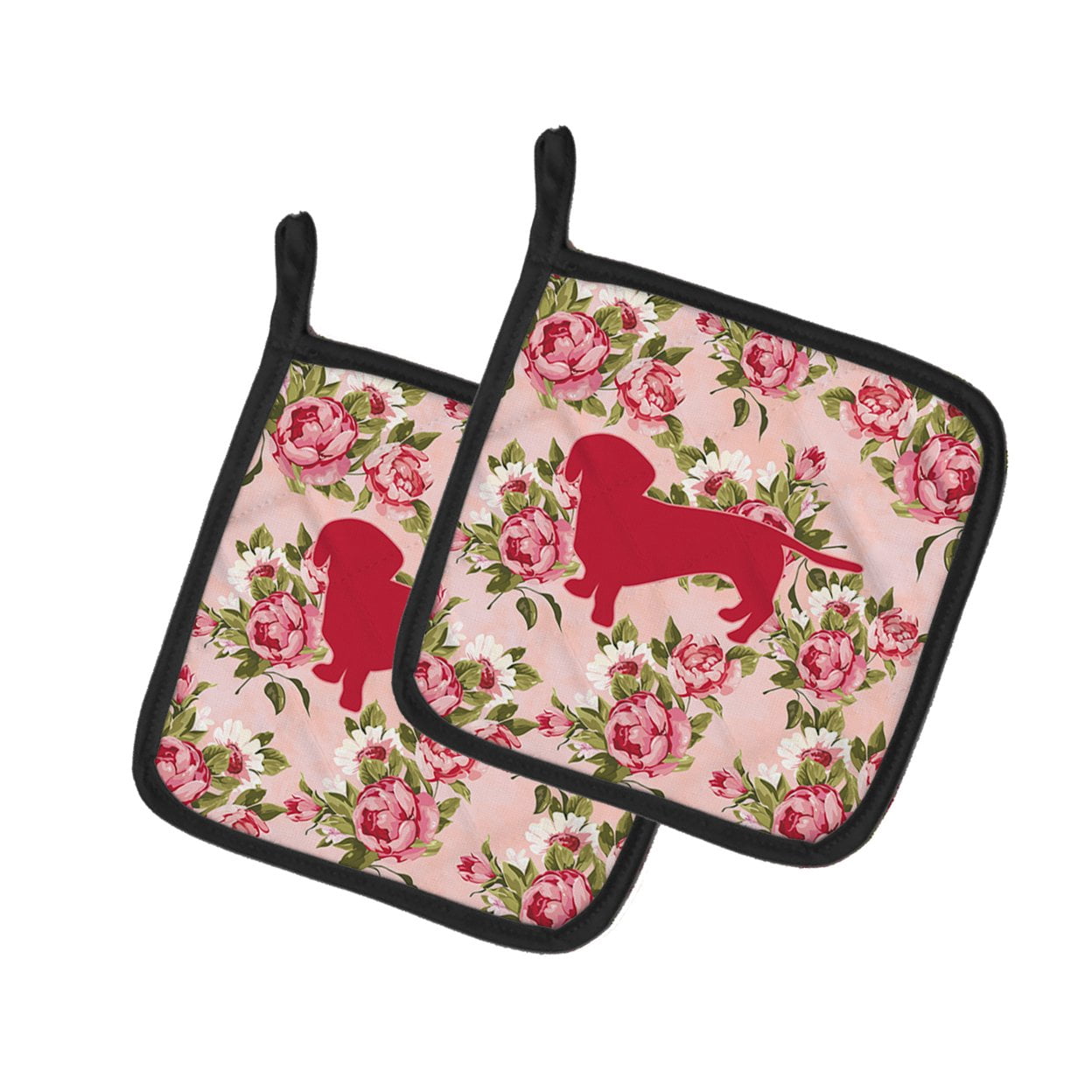 Dachshund Shabby Chic Pink Roses Pair of Pot Holders